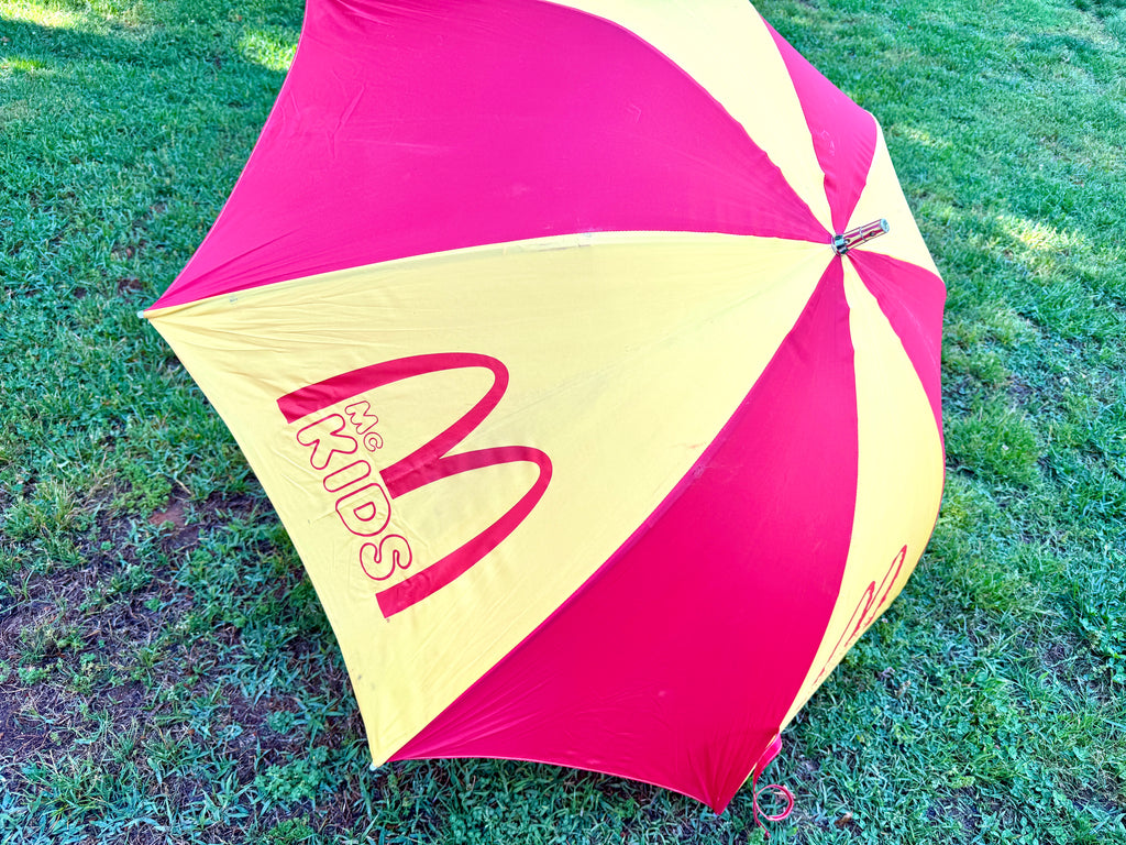Vtg Large McDonald's Kids Umbrella ~ MC Kids Yellow & Red Wood Handle Umbrella