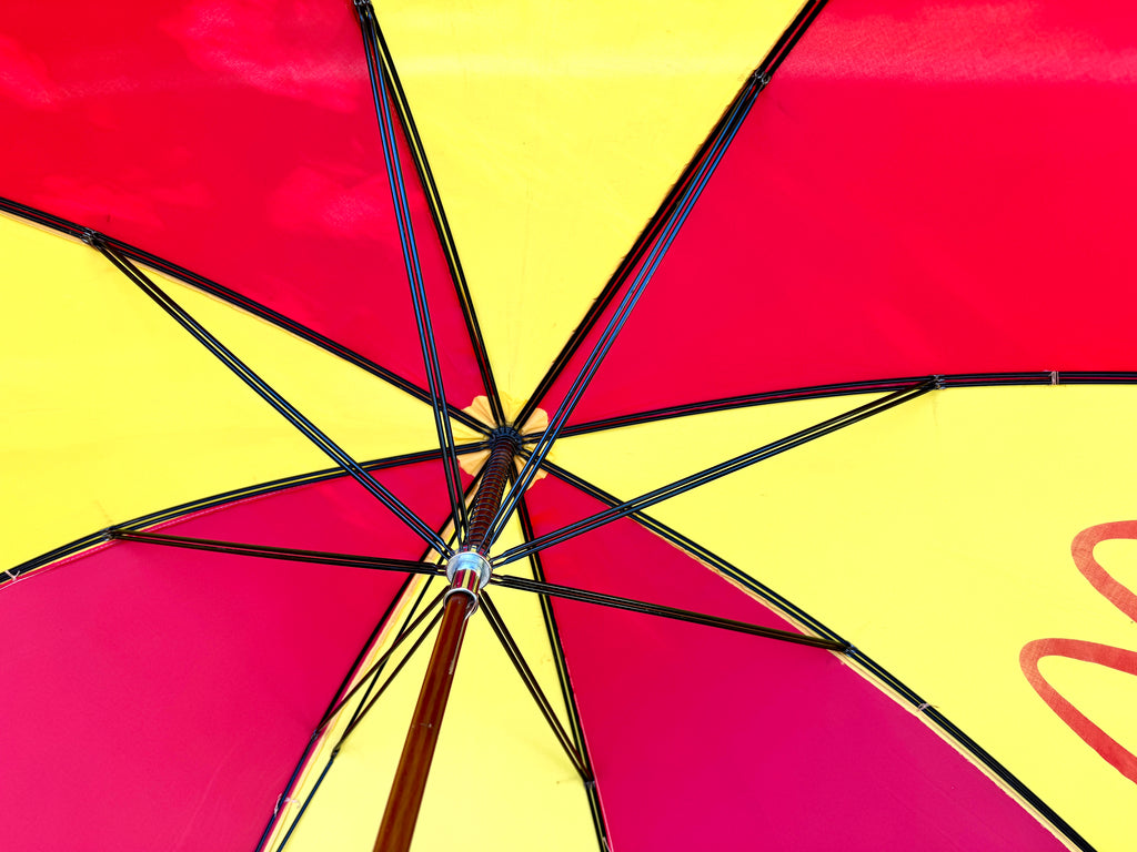 Vtg Large McDonald's Kids Umbrella ~ MC Kids Yellow & Red Wood Handle Umbrella