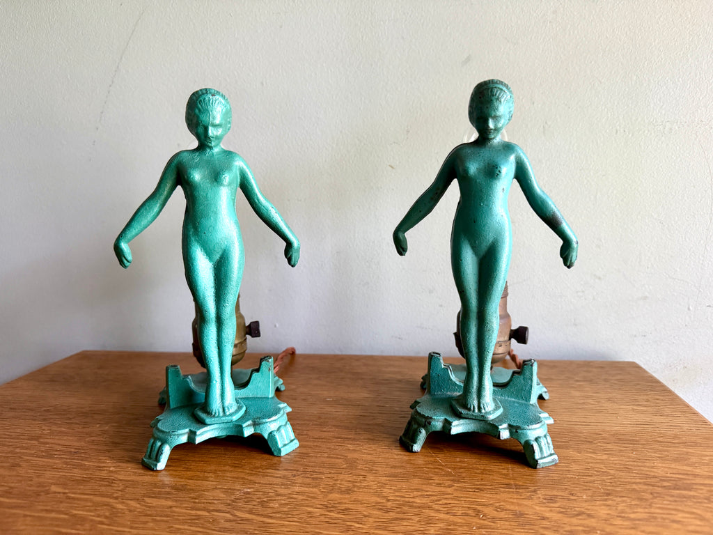 1920's Art Deco Frankart Style Female Figural Lamps ~ Matching Cast Iron Nude Figural Lamps
