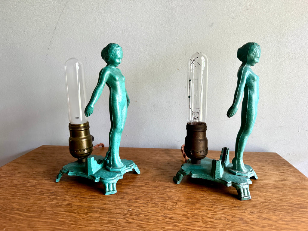 1920's Art Deco Frankart Style Female Figural Lamps ~ Matching Cast Iron Nude Figural Lamps