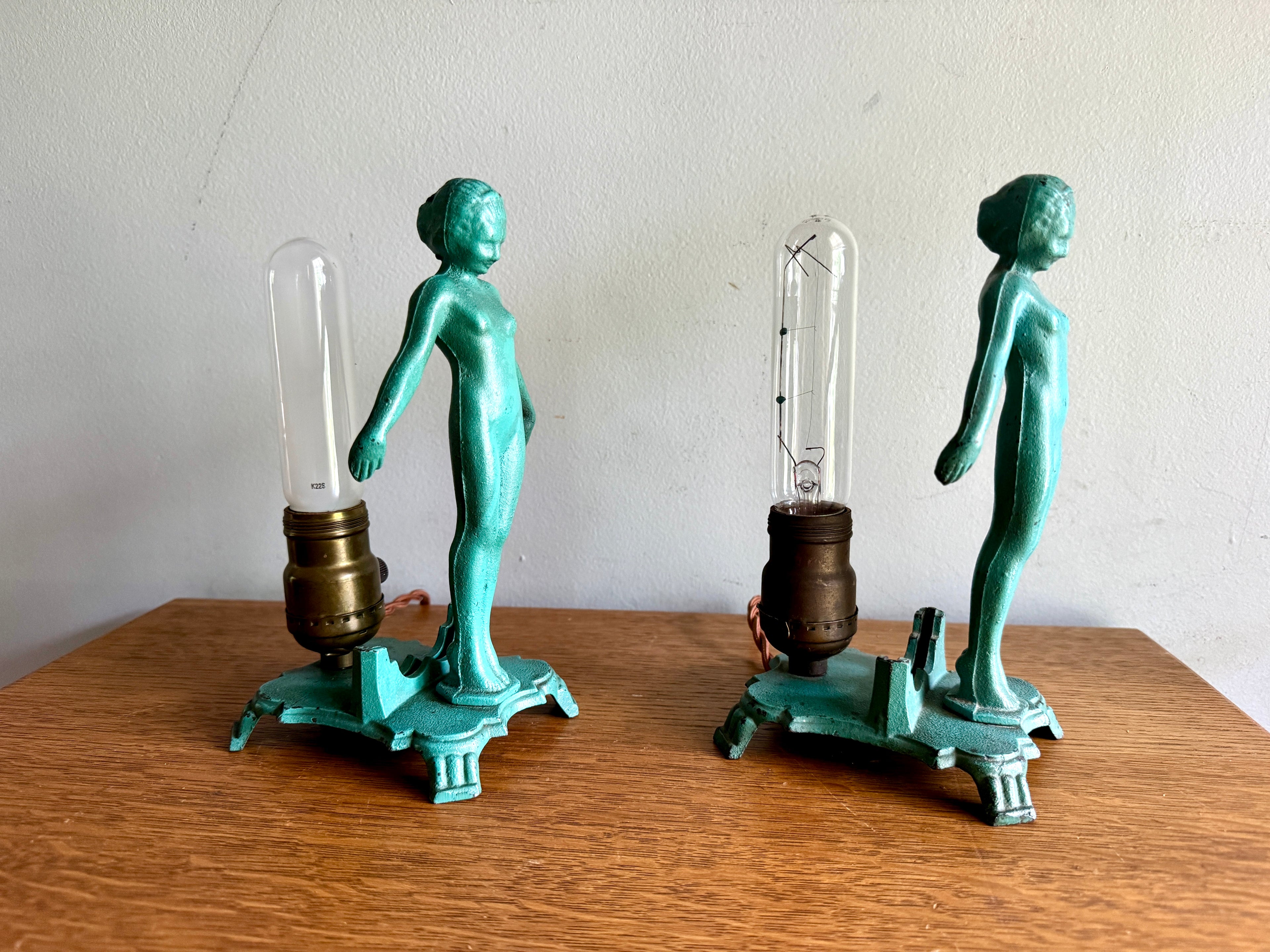 1920's Art Deco Frankart Style Female Figural Lamps ~ Matching Cast Iron Nude Figural Lamps