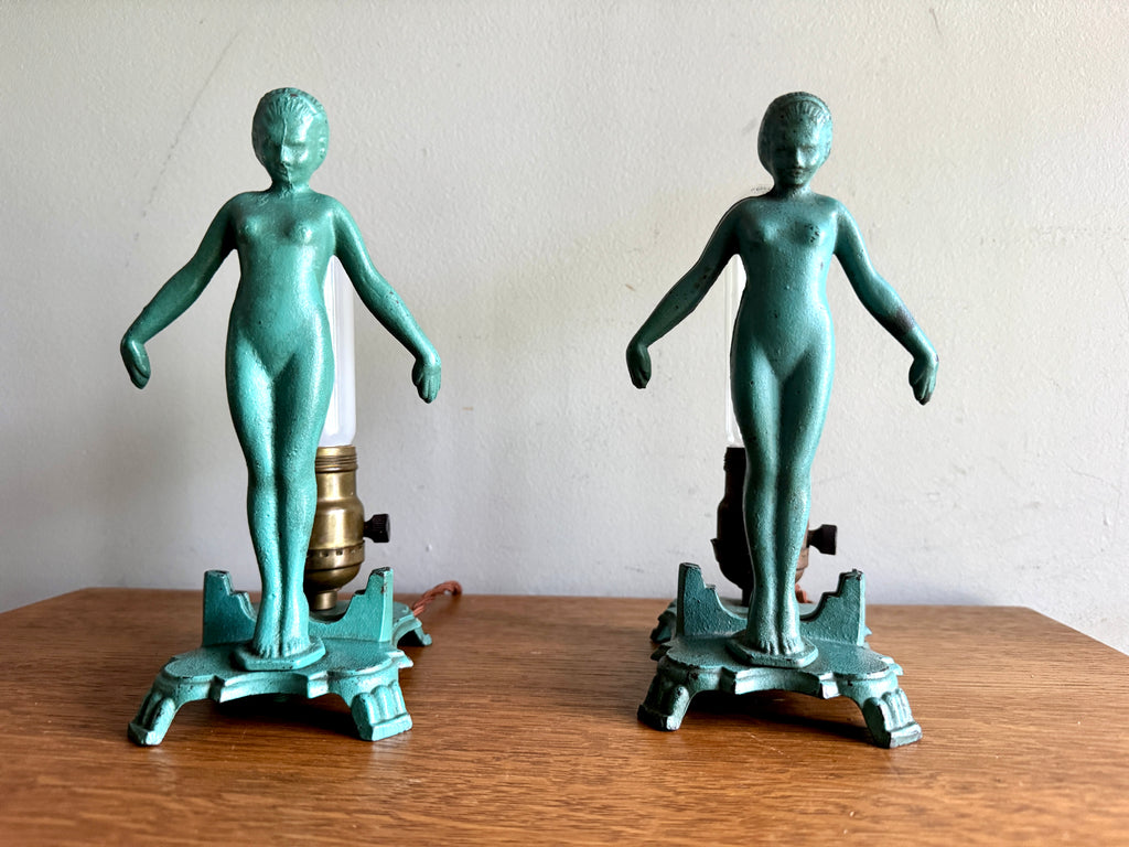 1920's Art Deco Frankart Style Female Figural Lamps ~ Matching Cast Iron Nude Figural Lamps