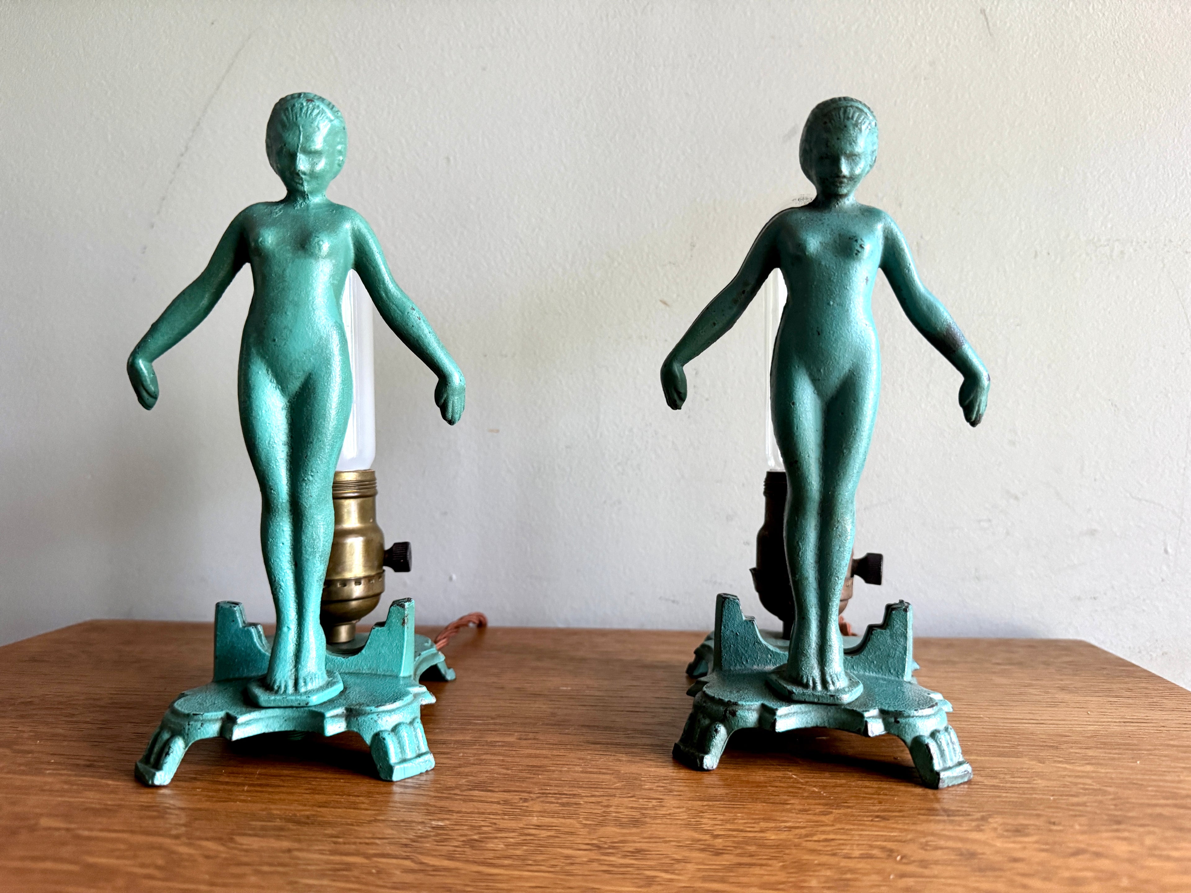 1920's Art Deco Frankart Style Female Figural Lamps ~ Matching Cast Iron Nude Figural Lamps