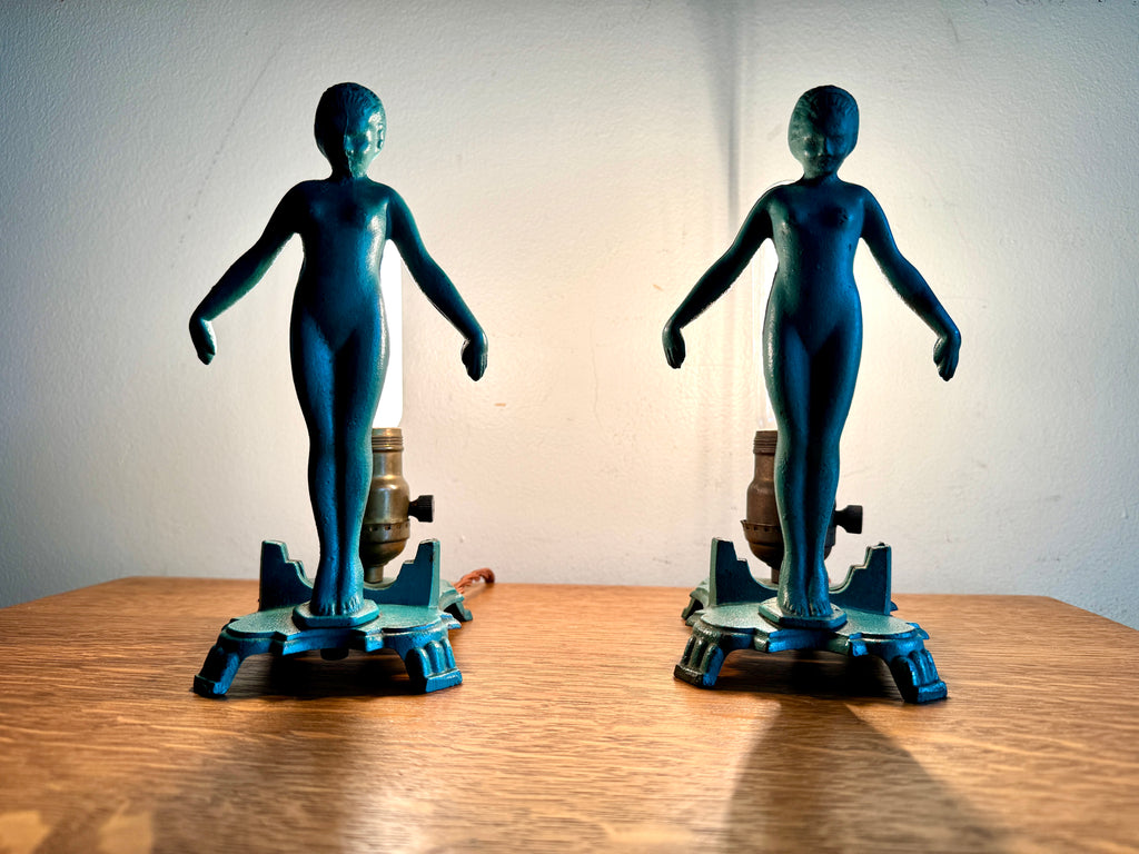 1920's Art Deco Frankart Style Female Figural Lamps ~ Matching Cast Iron Nude Figural Lamps