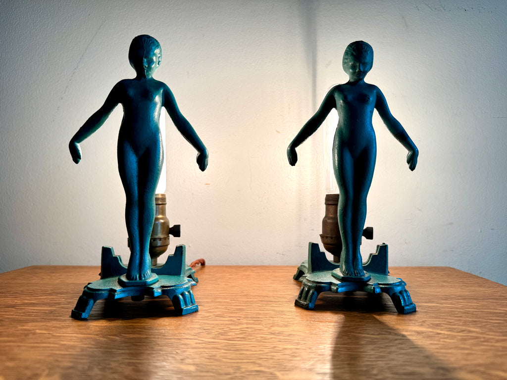 1920's Art Deco Frankart Style Female Figural Lamps ~ Matching Cast Iron Nude Figural Lamps