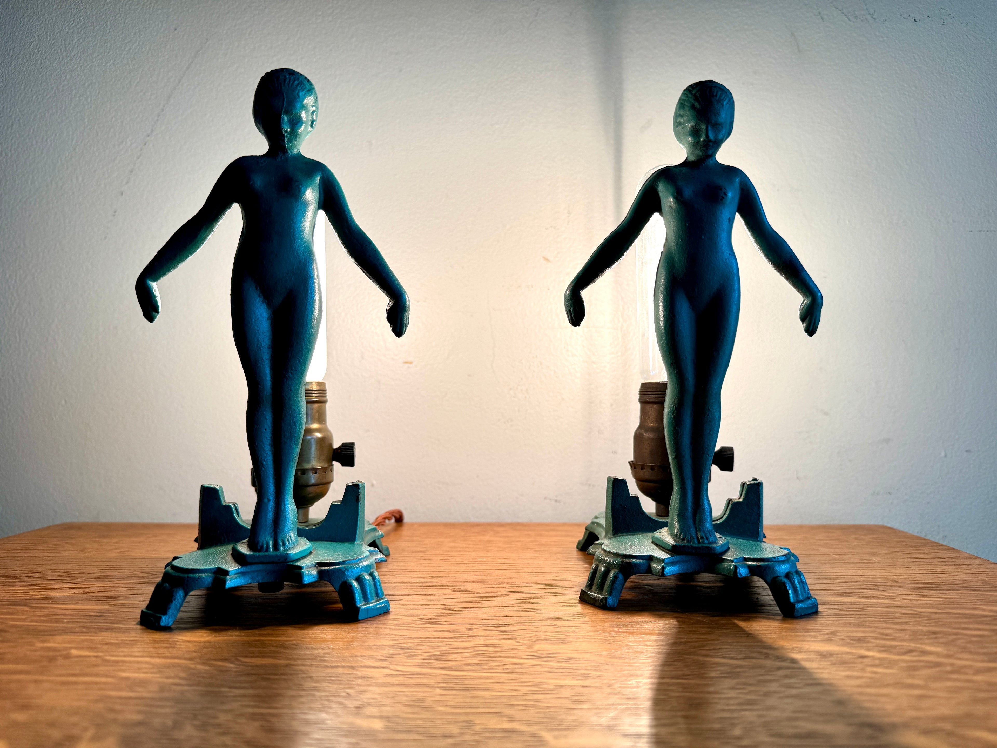 1920's Art Deco Frankart Style Female Figural Lamps ~ Matching Cast Iron Nude Figural Lamps