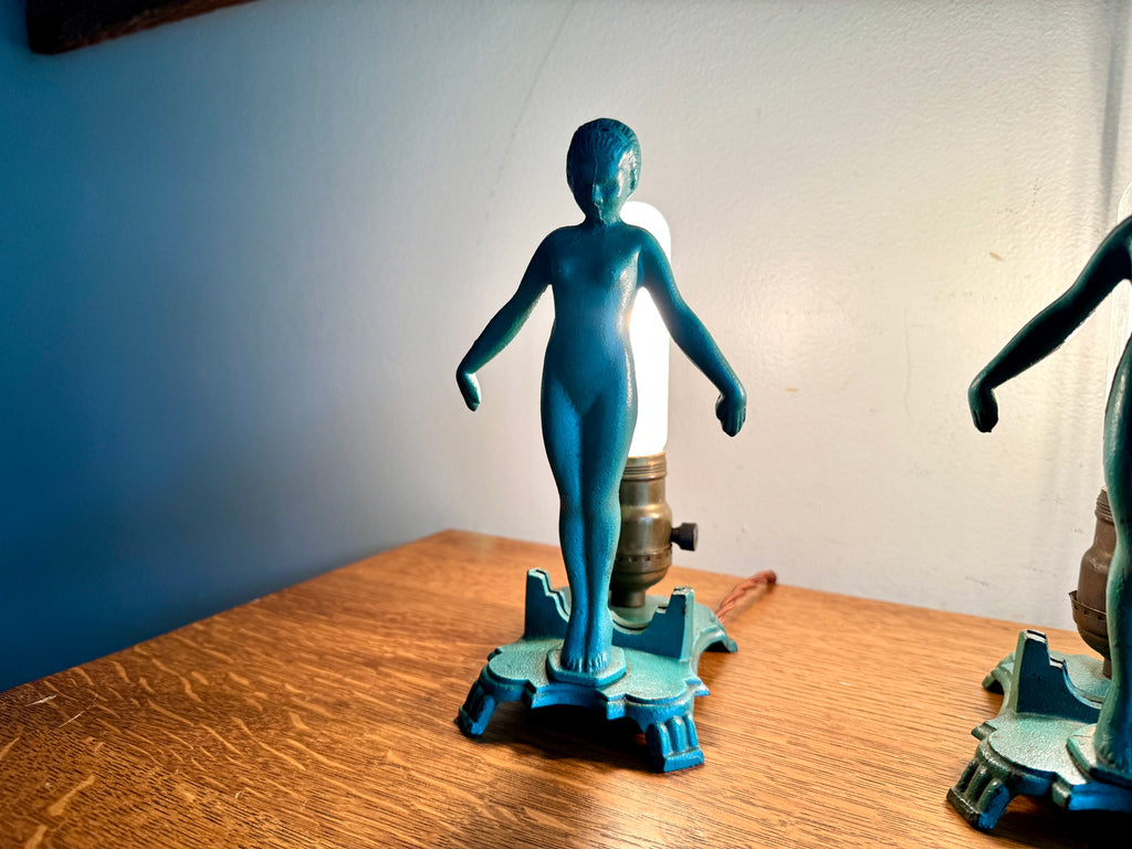 1920's Art Deco Frankart Style Female Figural Lamps ~ Matching Cast Iron Nude Figural Lamps