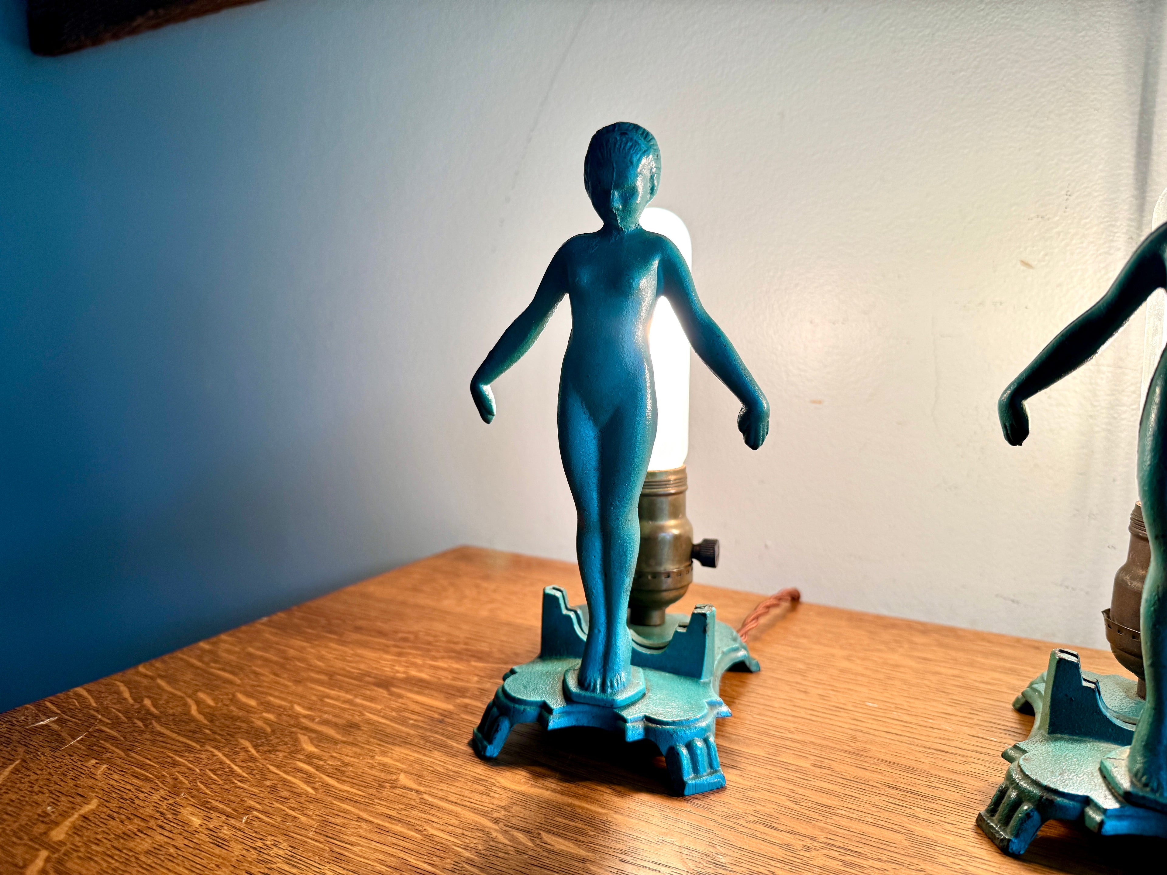 1920's Art Deco Frankart Style Female Figural Lamps ~ Matching Cast Iron Nude Figural Lamps