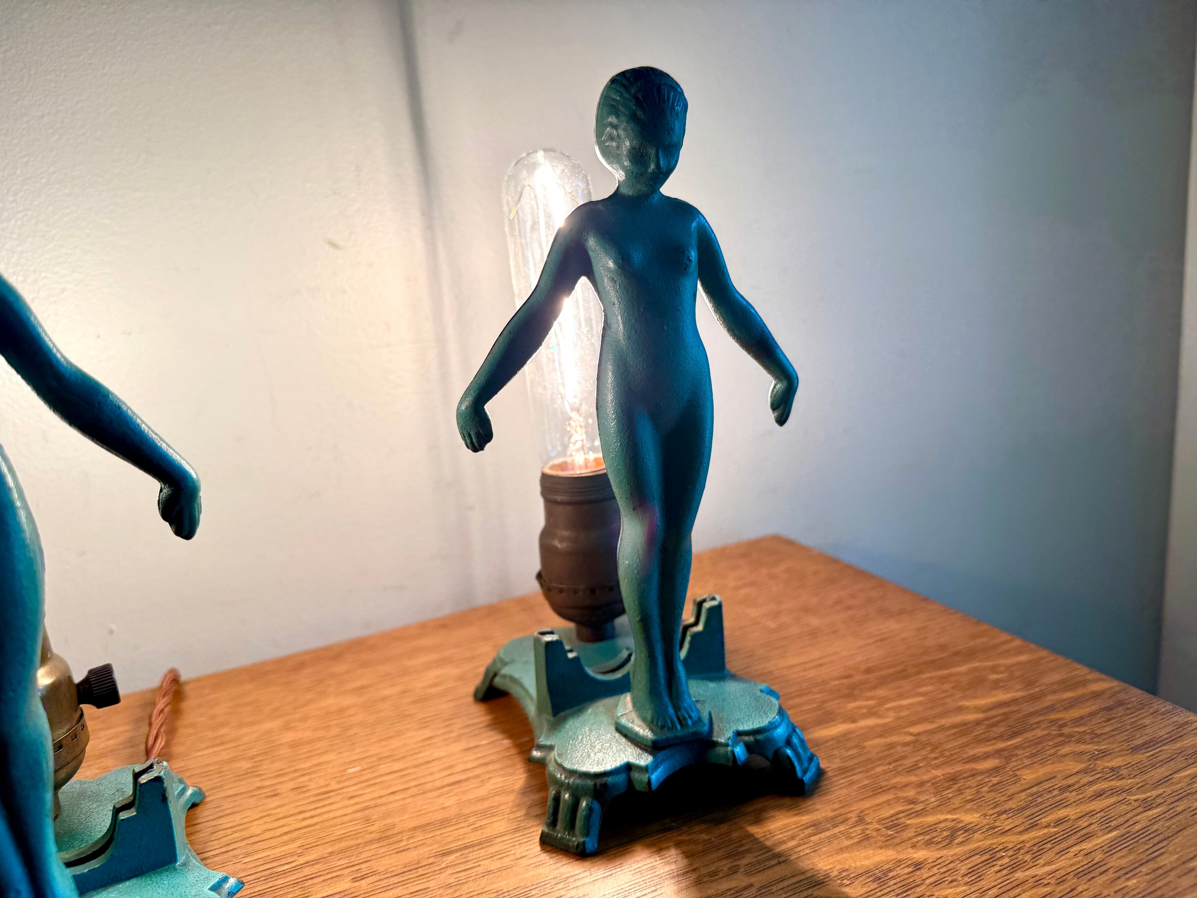 1920's Art Deco Frankart Style Female Figural Lamps ~ Matching Cast Iron Nude Figural Lamps