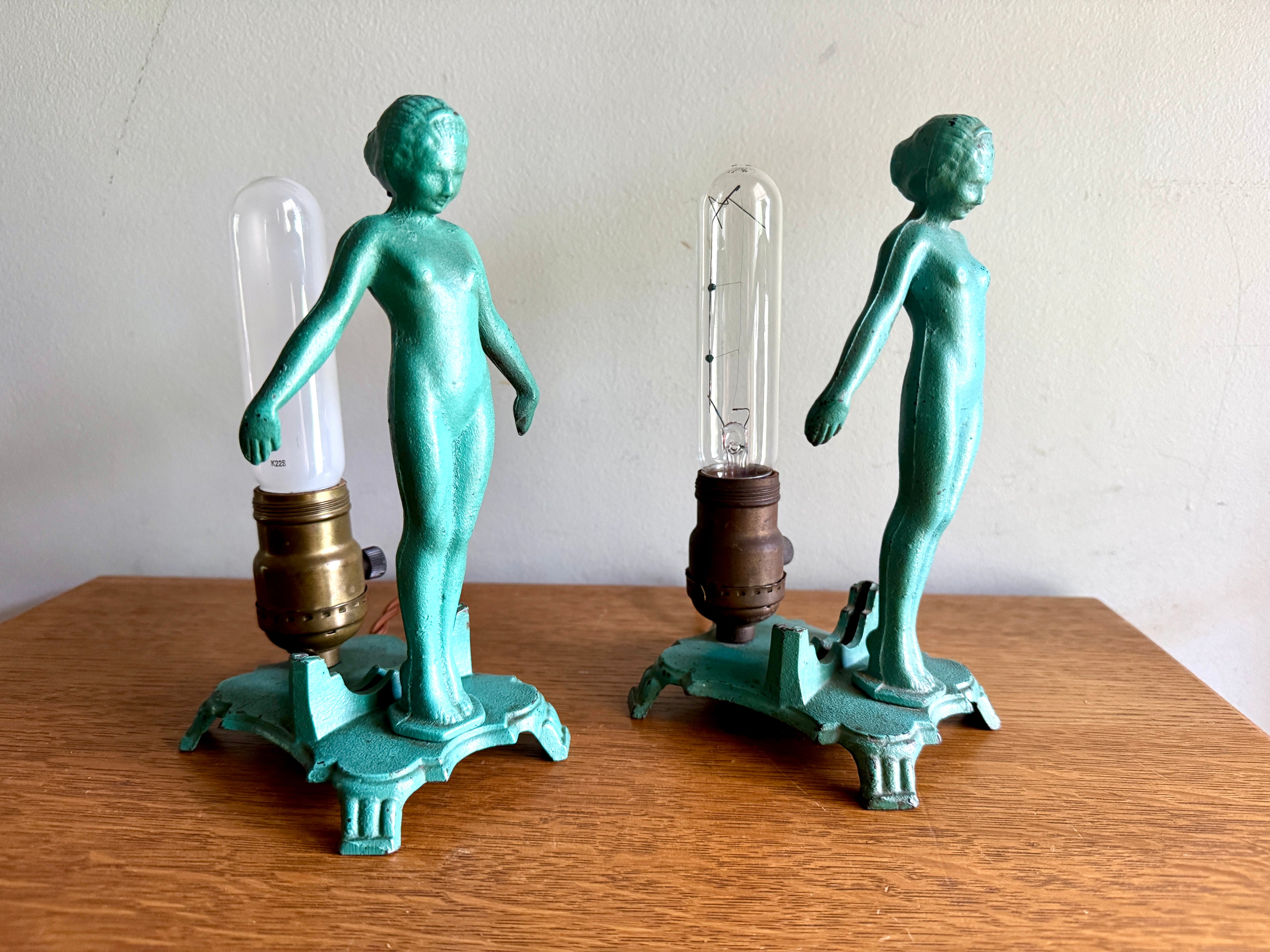1920's Art Deco Frankart Style Female Figural Lamps ~ Matching Cast Iron Nude Figural Lamps