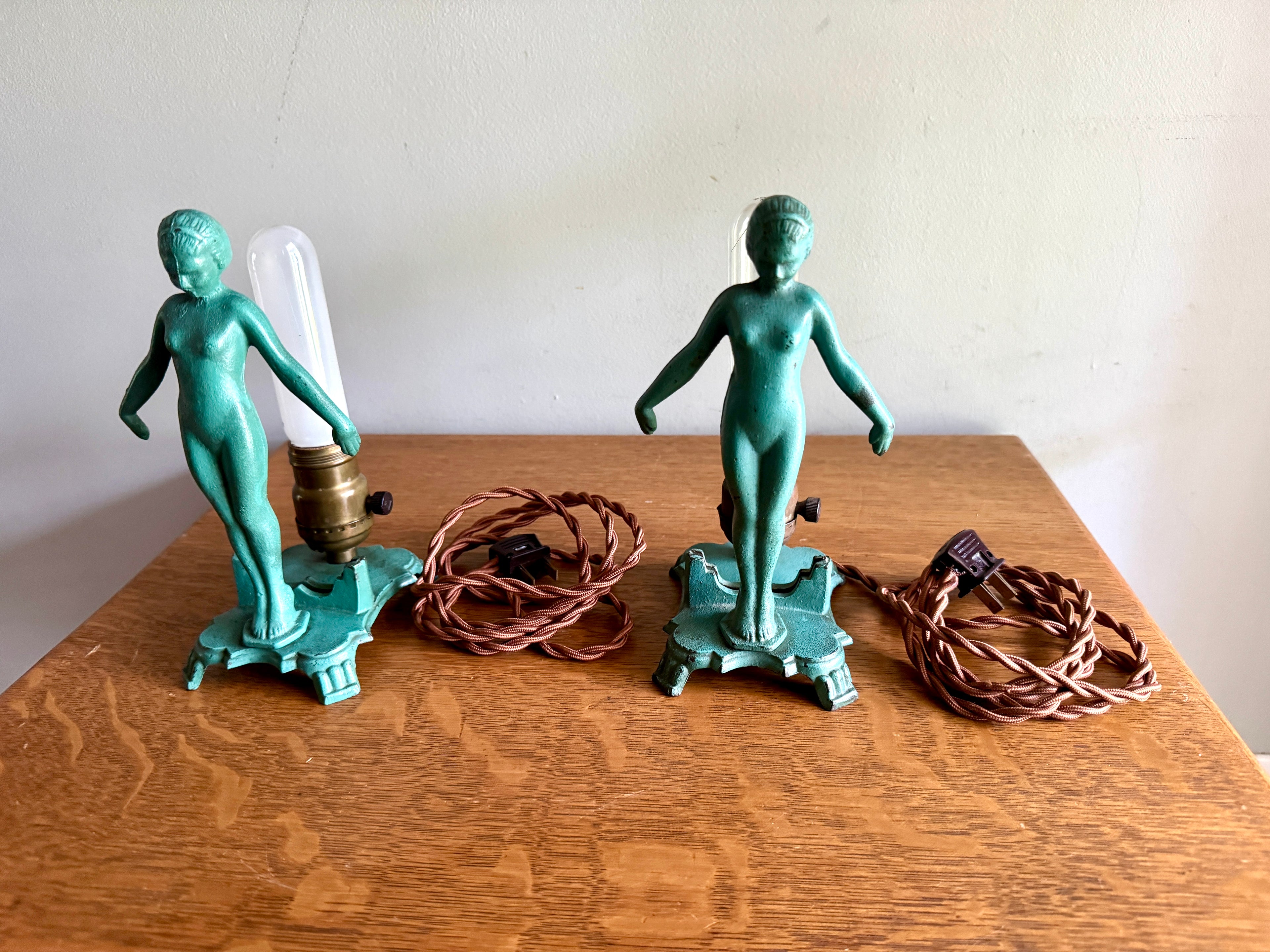 1920's Art Deco Frankart Style Female Figural Lamps ~ Matching Cast Iron Nude Figural Lamps