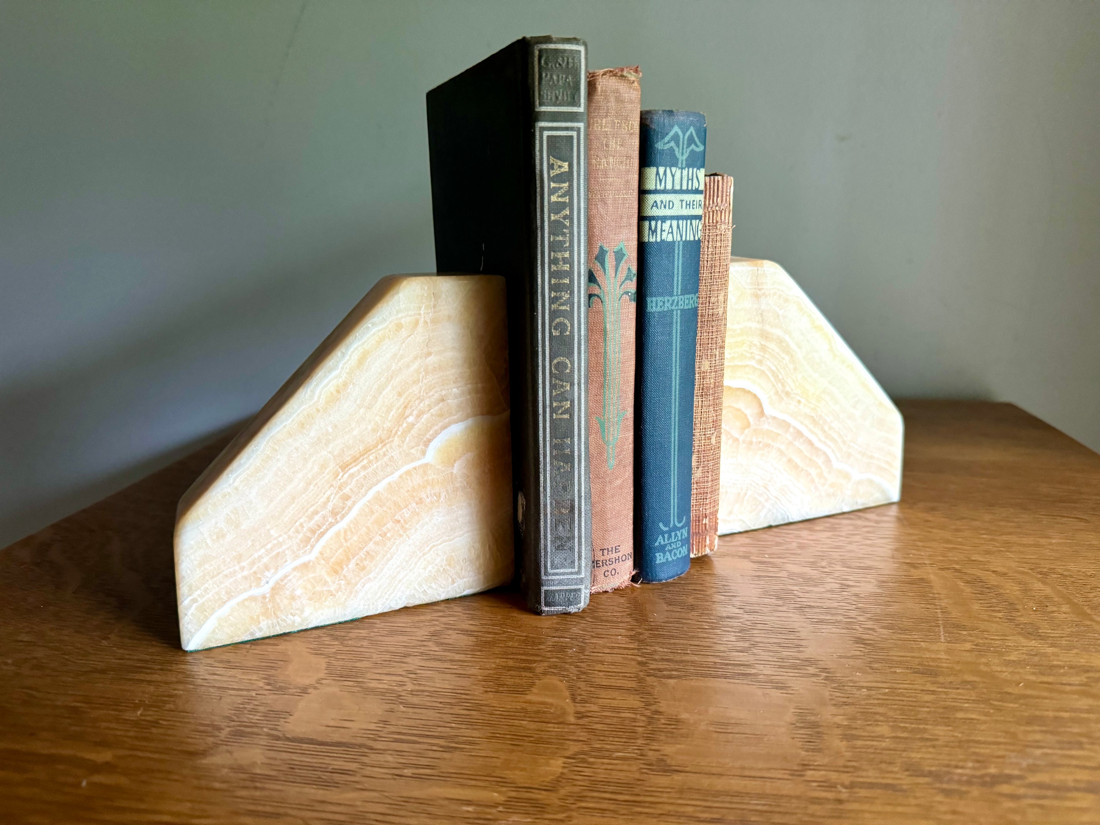 Vintage Raw Marble Bookends | Triangular Stone Bookends | Wedge Sculpted Bookends | Tan MCM Bookends | Modernist Stone Bookends