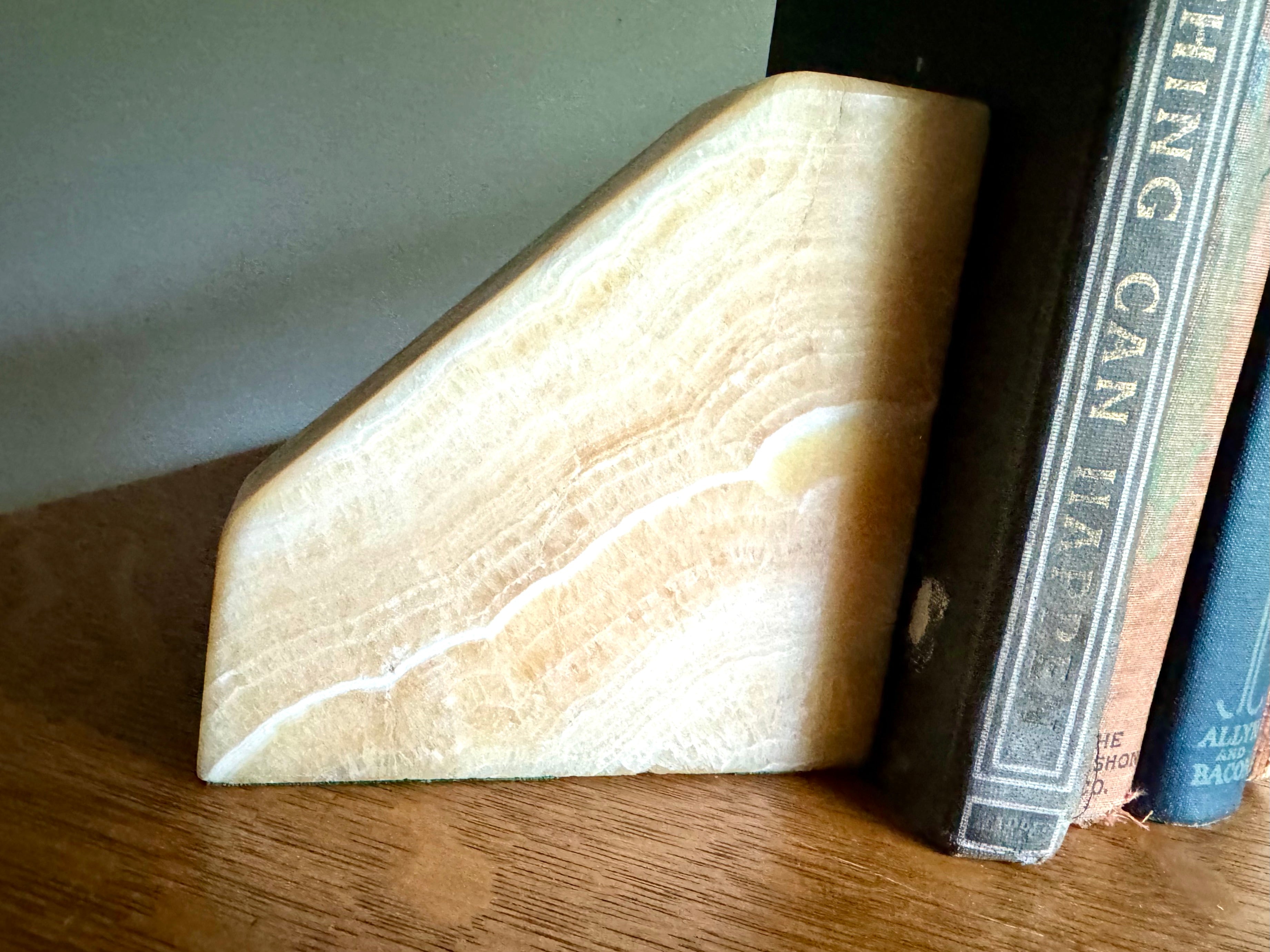 Vintage Raw Marble Bookends | Triangular Stone Bookends | Wedge Sculpted Bookends | Tan MCM Bookends | Modernist Stone Bookends