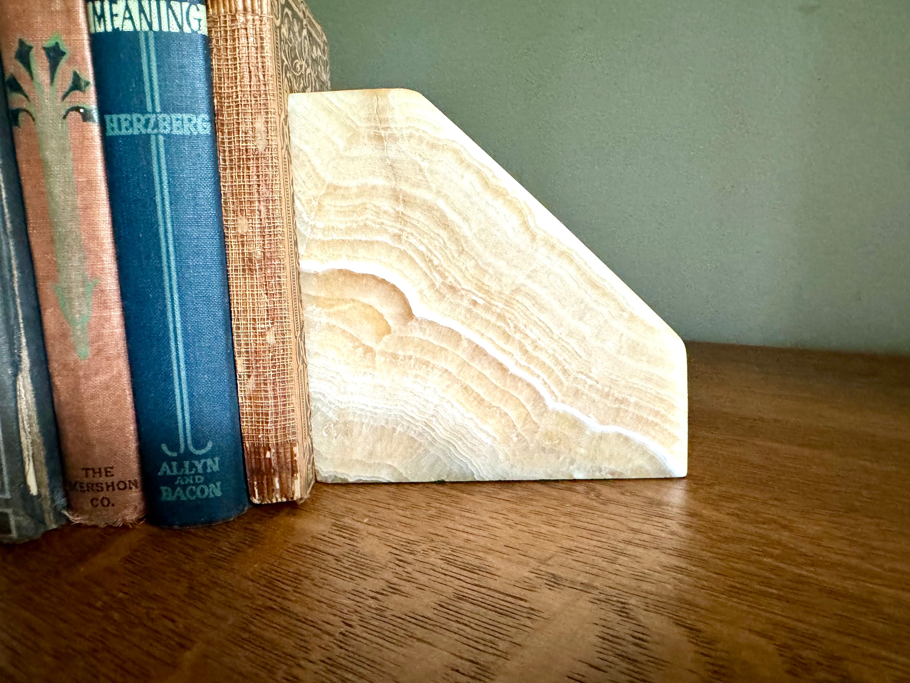 Vintage Raw Marble Bookends | Triangular Stone Bookends | Wedge Sculpted Bookends | Tan MCM Bookends | Modernist Stone Bookends