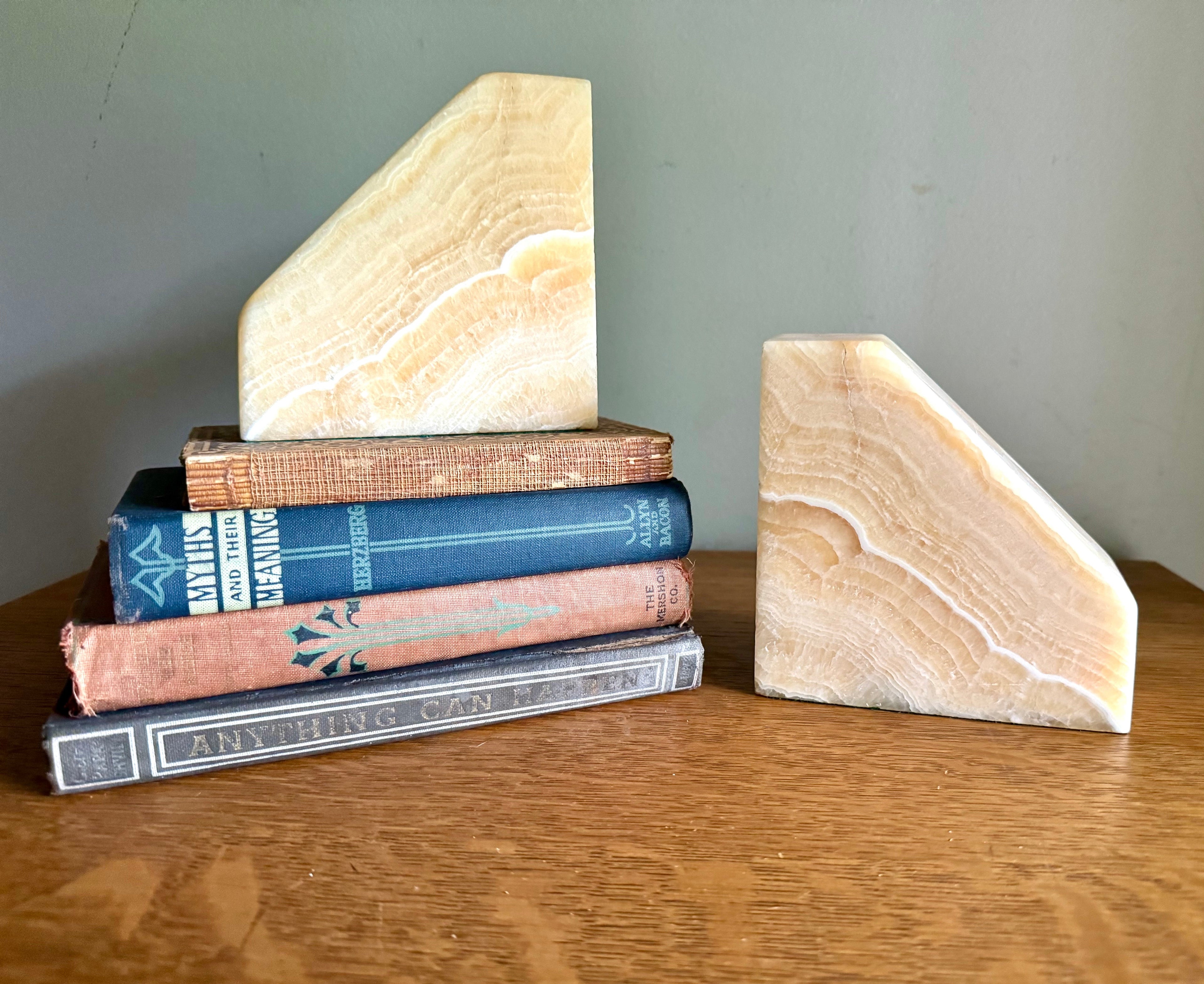 Vintage Raw Marble Bookends | Triangular Stone Bookends | Wedge Sculpted Bookends | Tan MCM Bookends | Modernist Stone Bookends