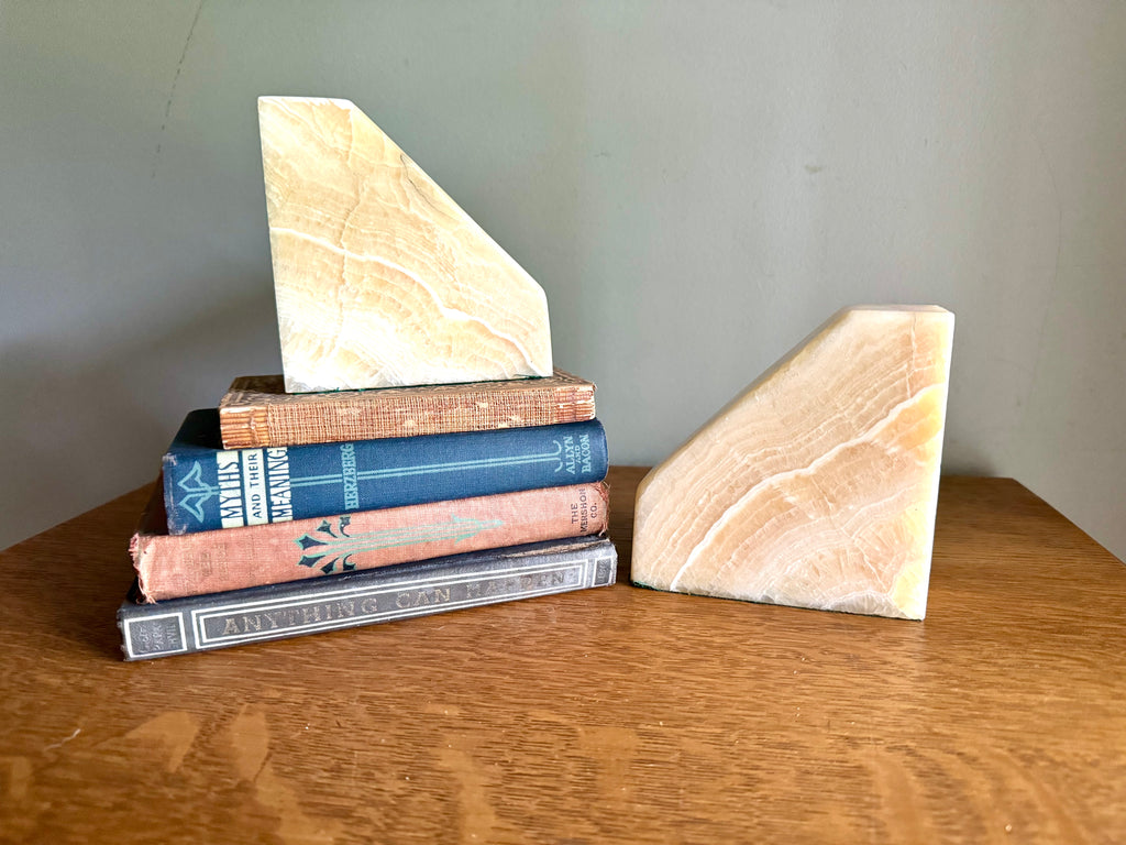 Vintage Raw Marble Bookends | Triangular Stone Bookends | Wedge Sculpted Bookends | Tan MCM Bookends | Modernist Stone Bookends