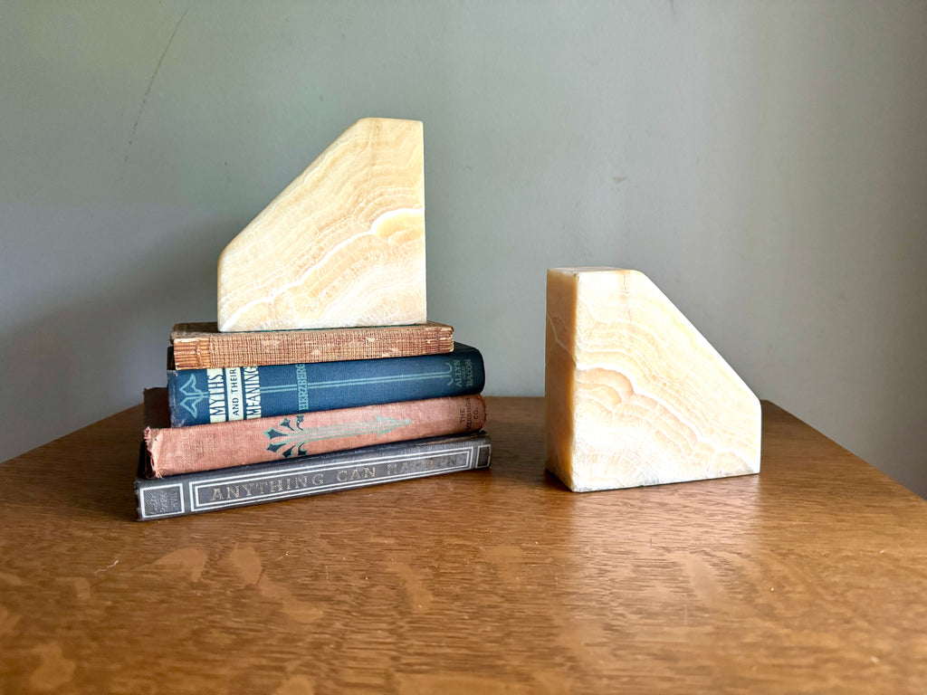 Vintage Raw Marble Bookends | Triangular Stone Bookends | Wedge Sculpted Bookends | Tan MCM Bookends | Modernist Stone Bookends