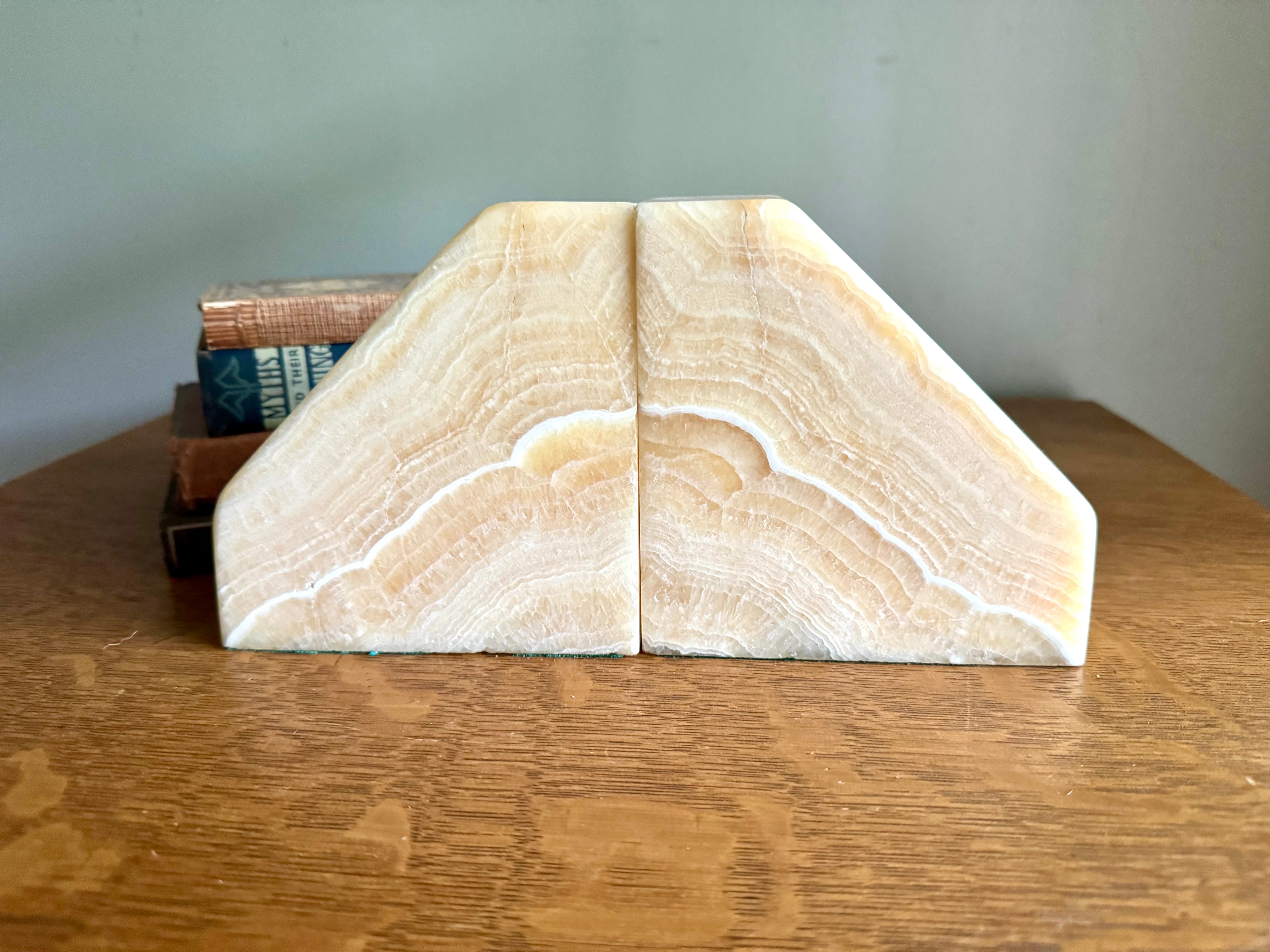 Vintage Raw Marble Bookends | Triangular Stone Bookends | Wedge Sculpted Bookends | Tan MCM Bookends | Modernist Stone Bookends