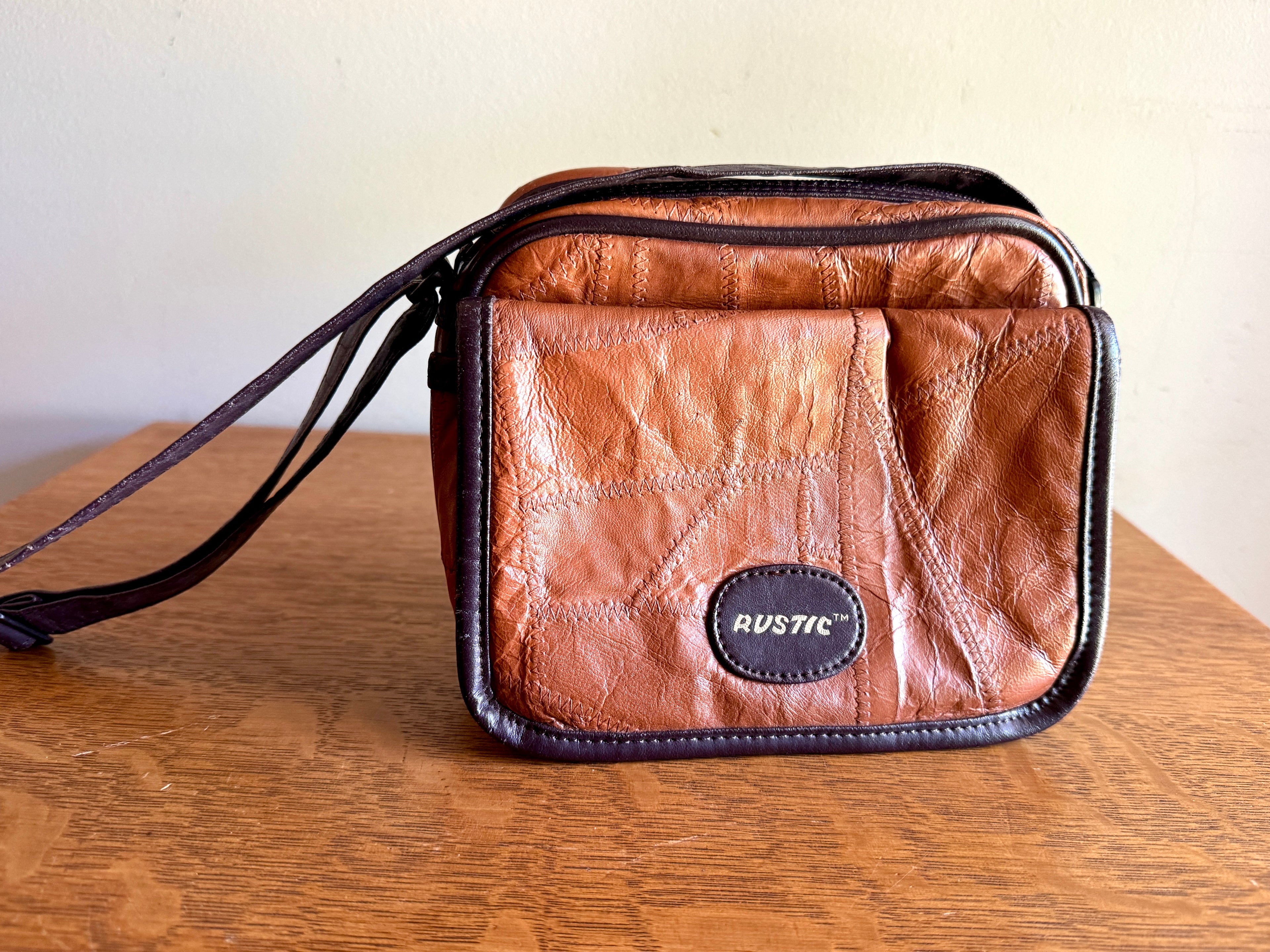 Vtg. RUSTIC Leather Patchwork Camera Bag 8x6x3 Brown With 3 Compartments ~ Patchwork Purse