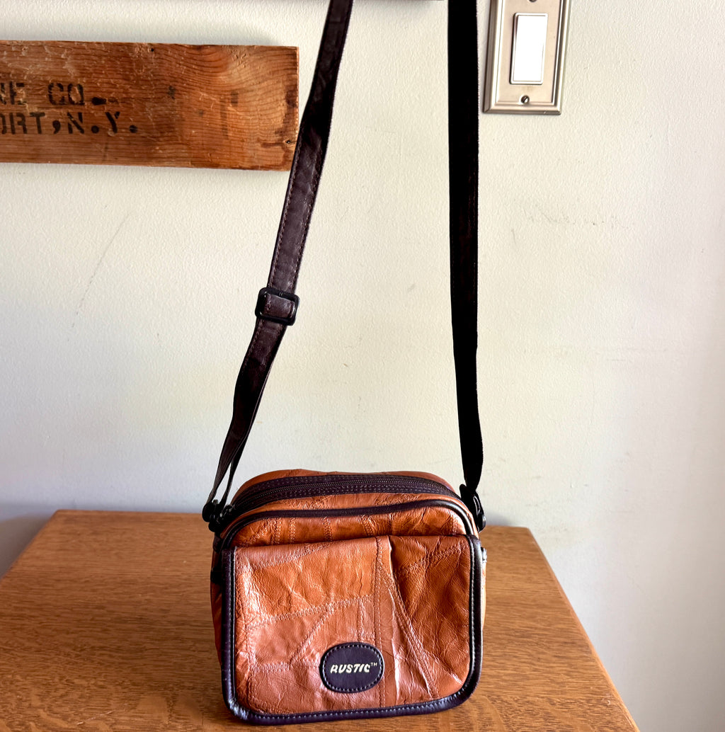 Vtg. RUSTIC Leather Patchwork Camera Bag 8x6x3 Brown With 3 Compartments ~ Patchwork Purse