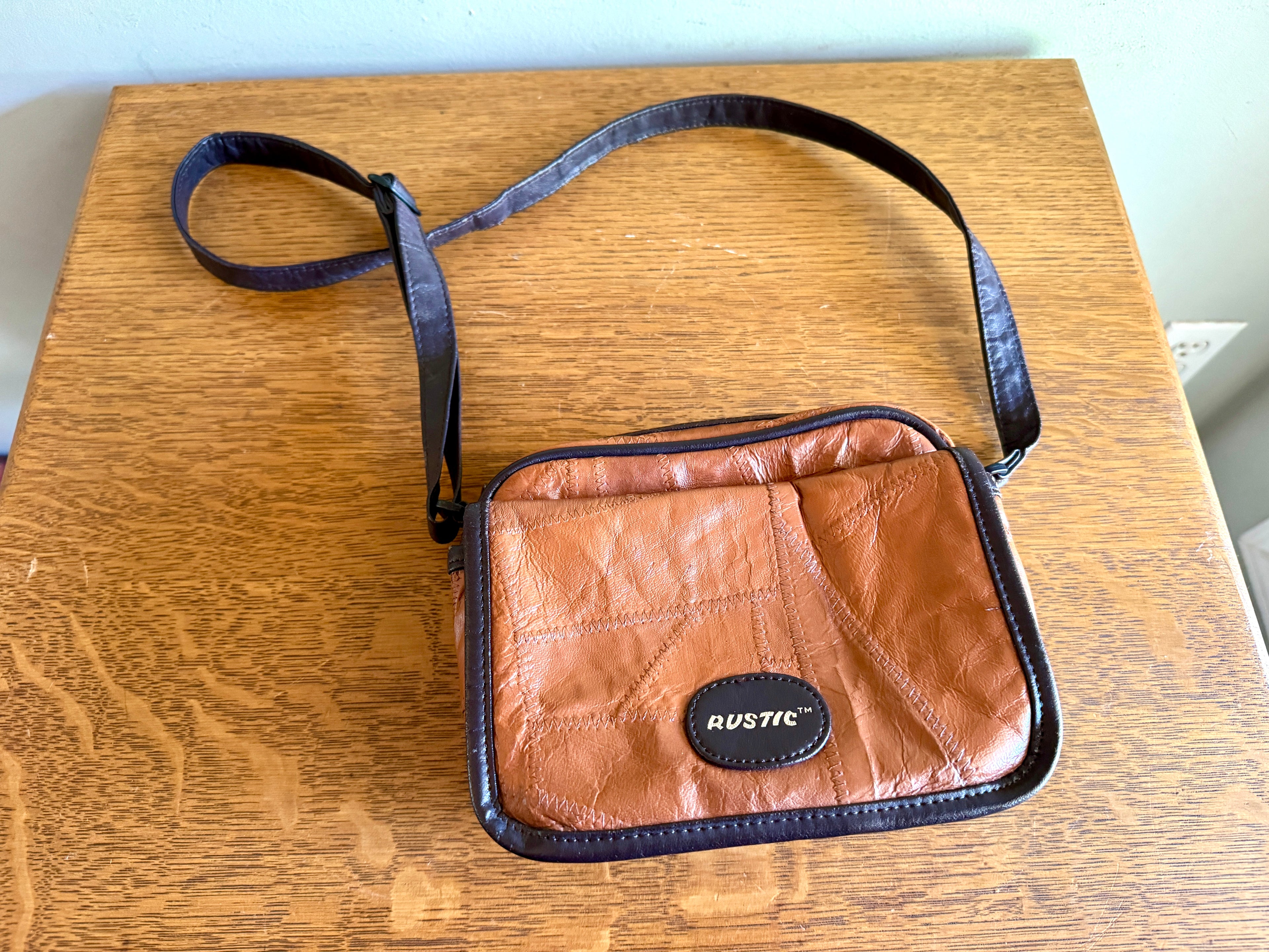 Vtg. RUSTIC Leather Patchwork Camera Bag 8x6x3 Brown With 3 Compartments ~ Patchwork Purse