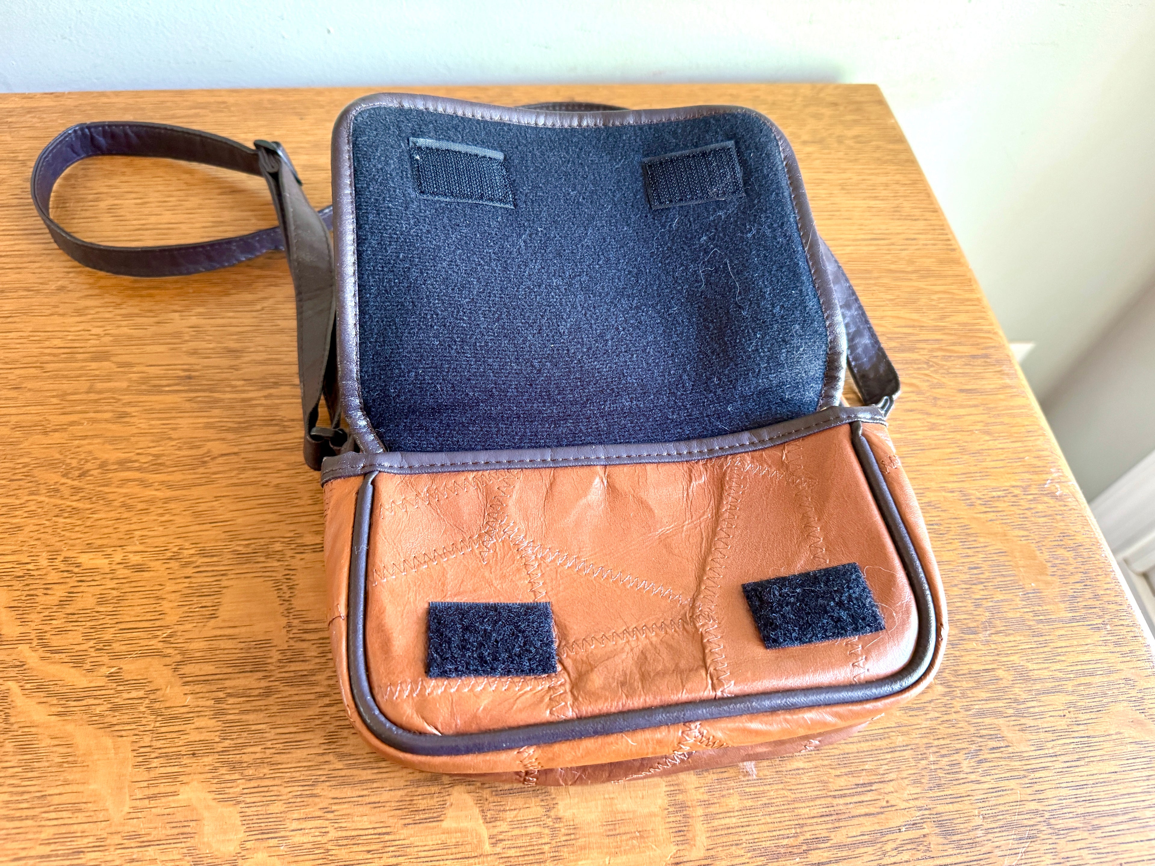 Vtg. RUSTIC Leather Patchwork Camera Bag 8x6x3 Brown With 3 Compartments ~ Patchwork Purse