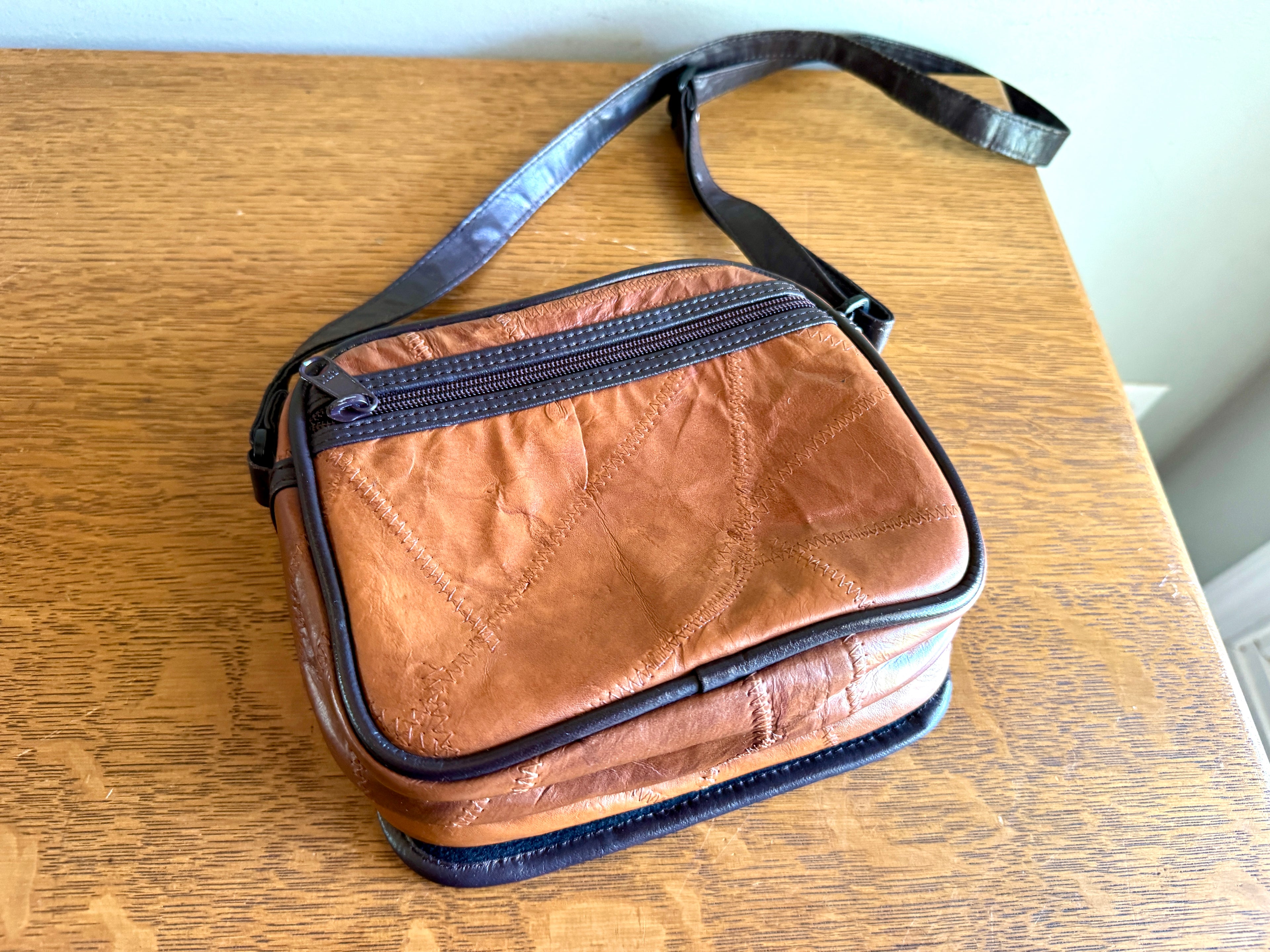 Vtg. RUSTIC Leather Patchwork Camera Bag 8x6x3 Brown With 3 Compartments ~ Patchwork Purse