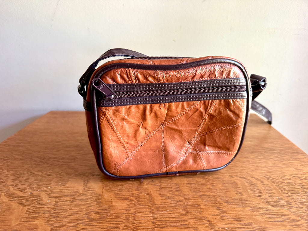 Vtg. RUSTIC Leather Patchwork Camera Bag 8x6x3 Brown With 3 Compartments ~ Patchwork Purse