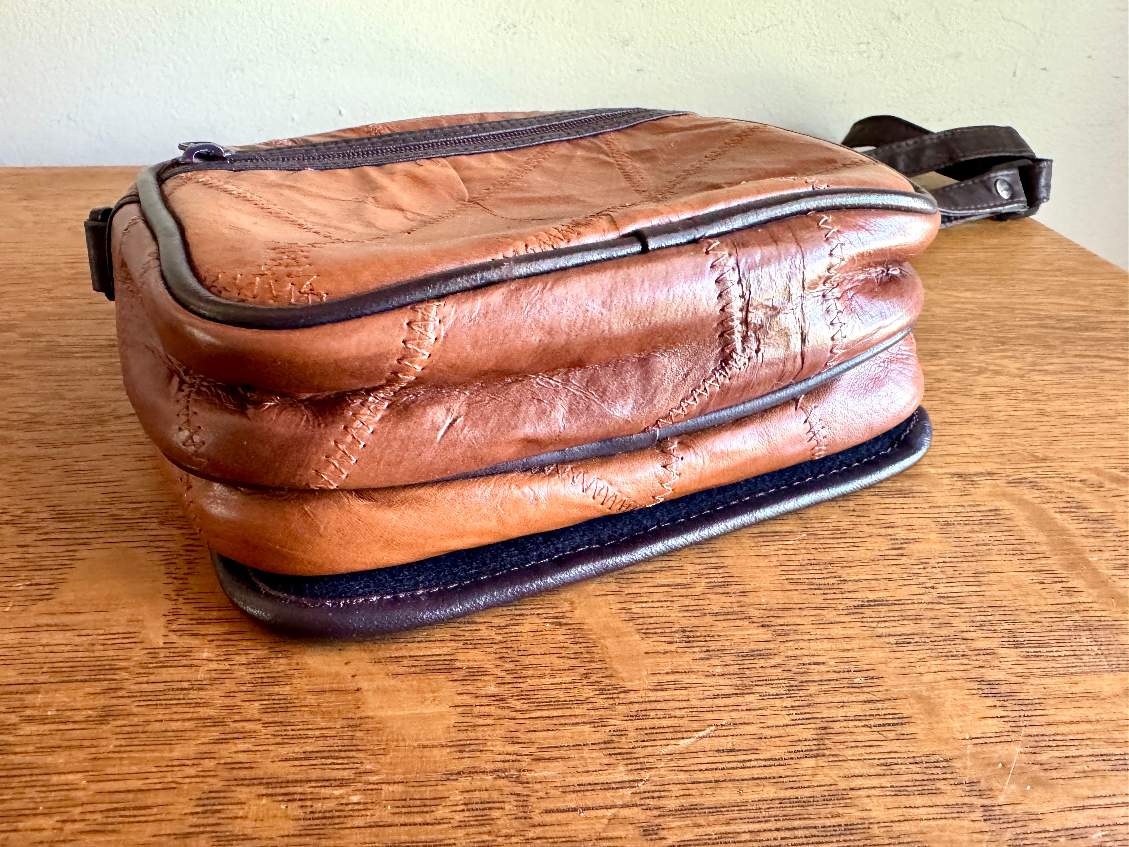 Vtg. RUSTIC Leather Patchwork Camera Bag 8x6x3 Brown With 3 Compartments ~ Patchwork Purse
