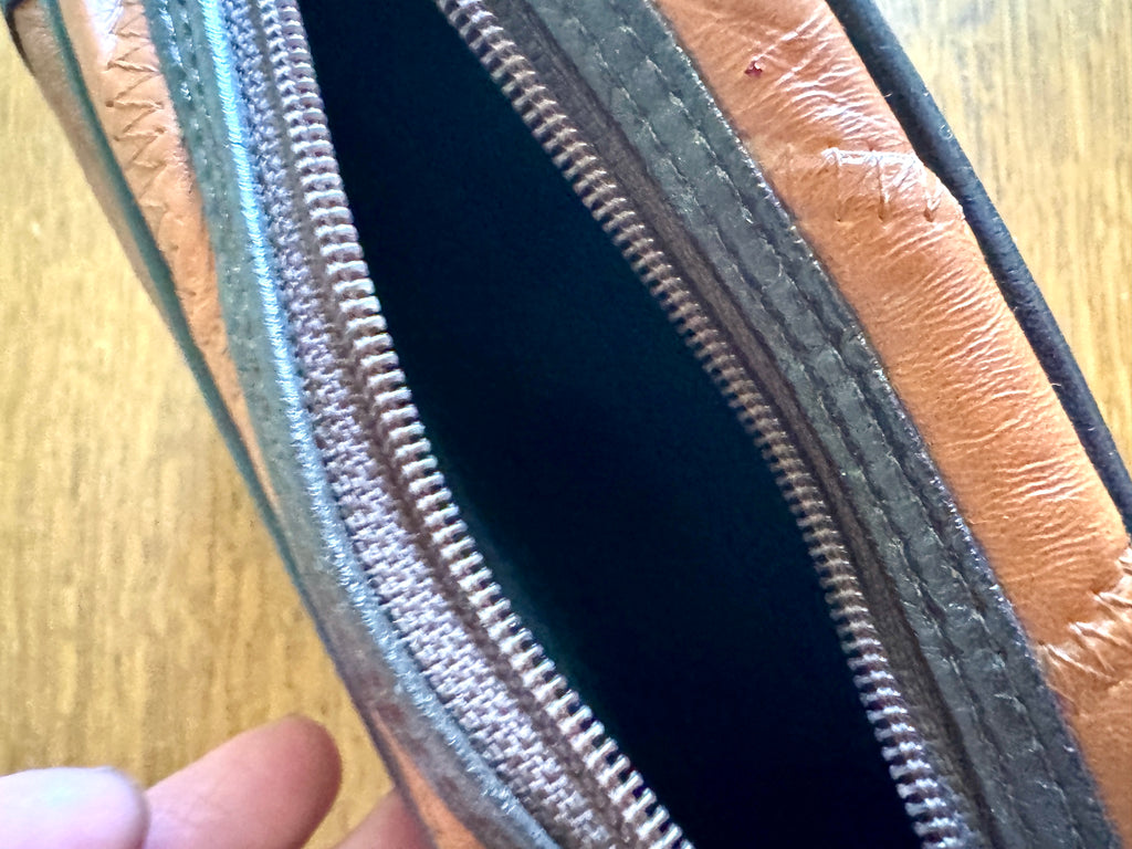 Vtg. RUSTIC Leather Patchwork Camera Bag 8x6x3 Brown With 3 Compartments ~ Patchwork Purse
