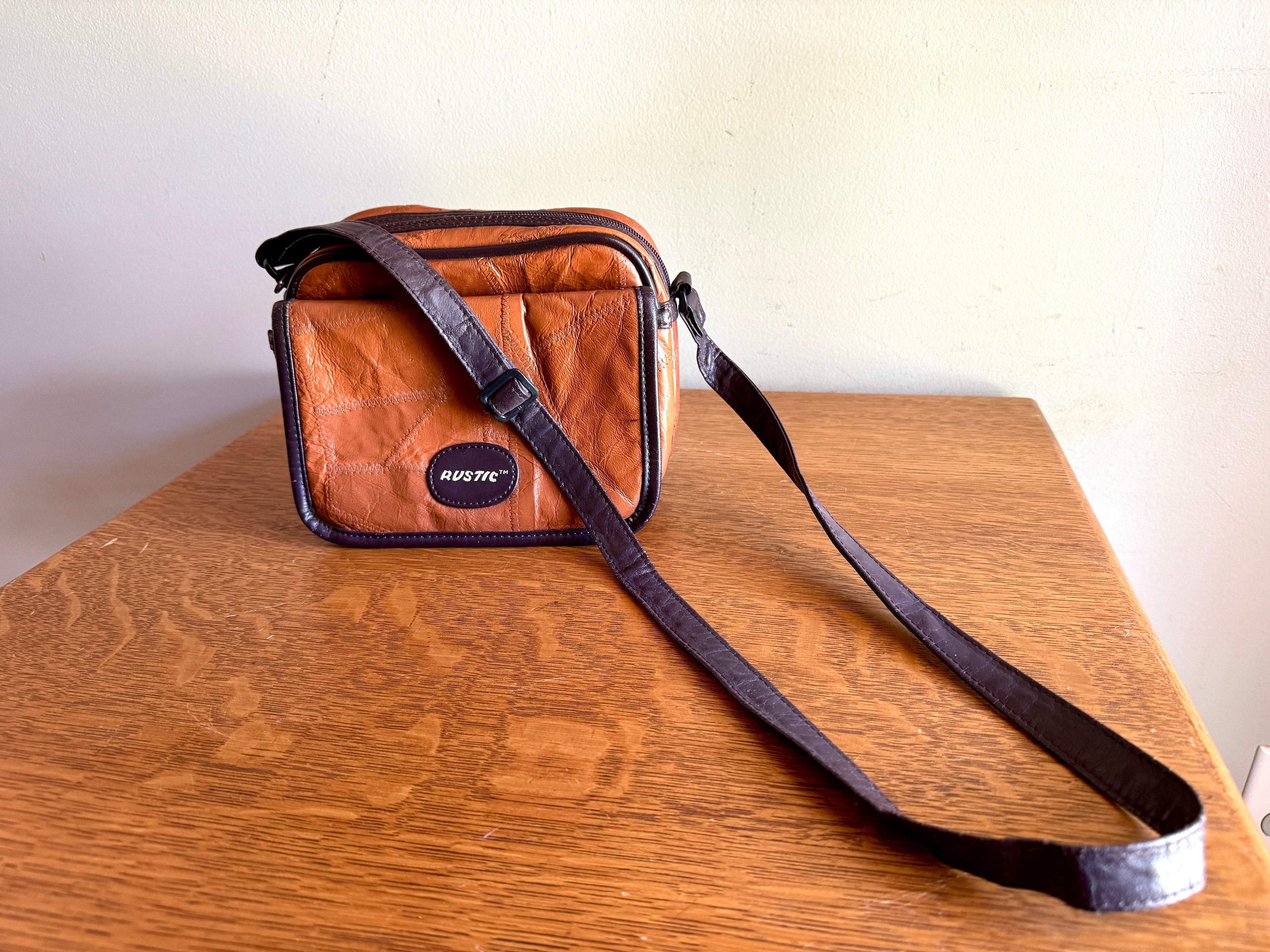 Vtg. RUSTIC Leather Patchwork Camera Bag 8x6x3 Brown With 3 Compartments ~ Patchwork Purse