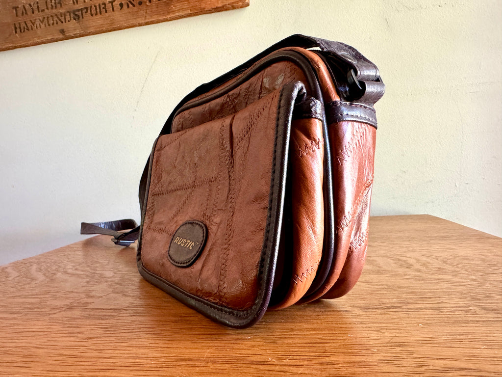Vtg. RUSTIC Leather Patchwork Camera Bag 8x6x3 Brown With 3 Compartments ~ Patchwork Purse