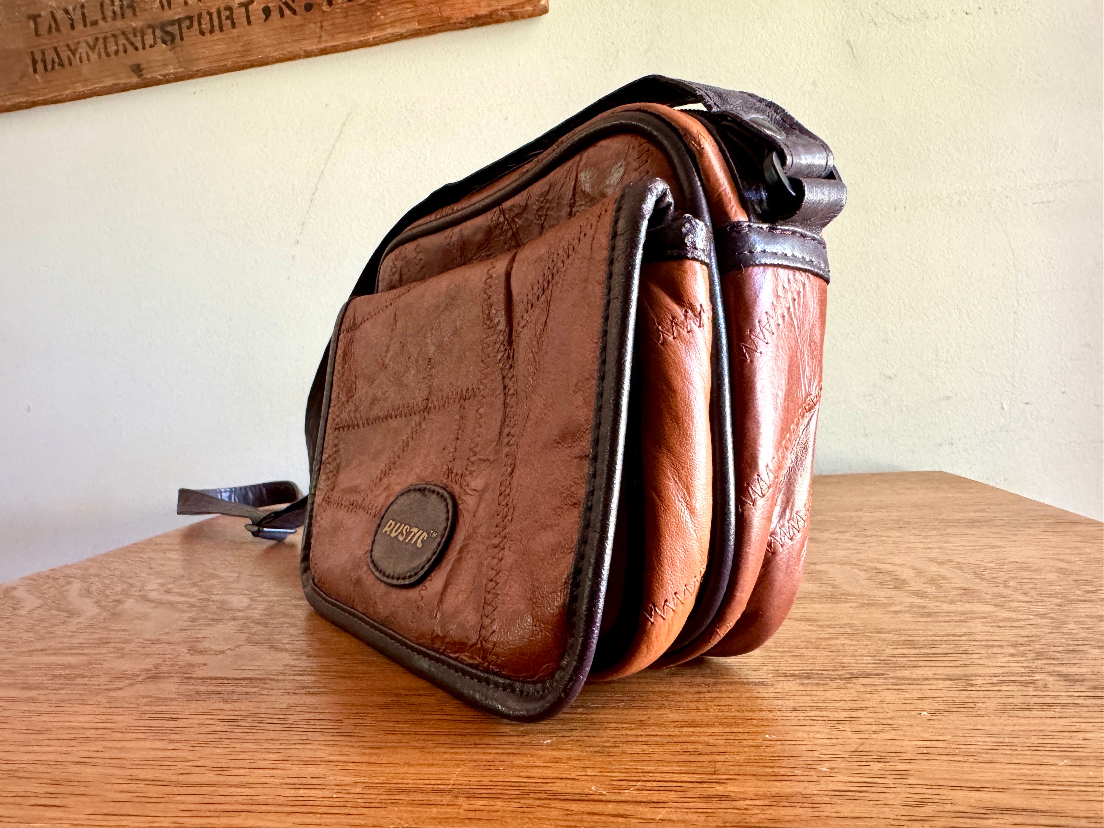 Vtg. RUSTIC Leather Patchwork Camera Bag 8x6x3 Brown With 3 Compartments ~ Patchwork Purse