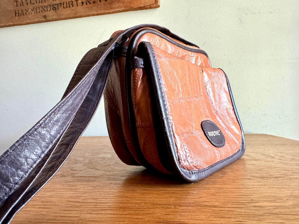 Vtg. RUSTIC Leather Patchwork Camera Bag 8x6x3 Brown With 3 Compartments ~ Patchwork Purse