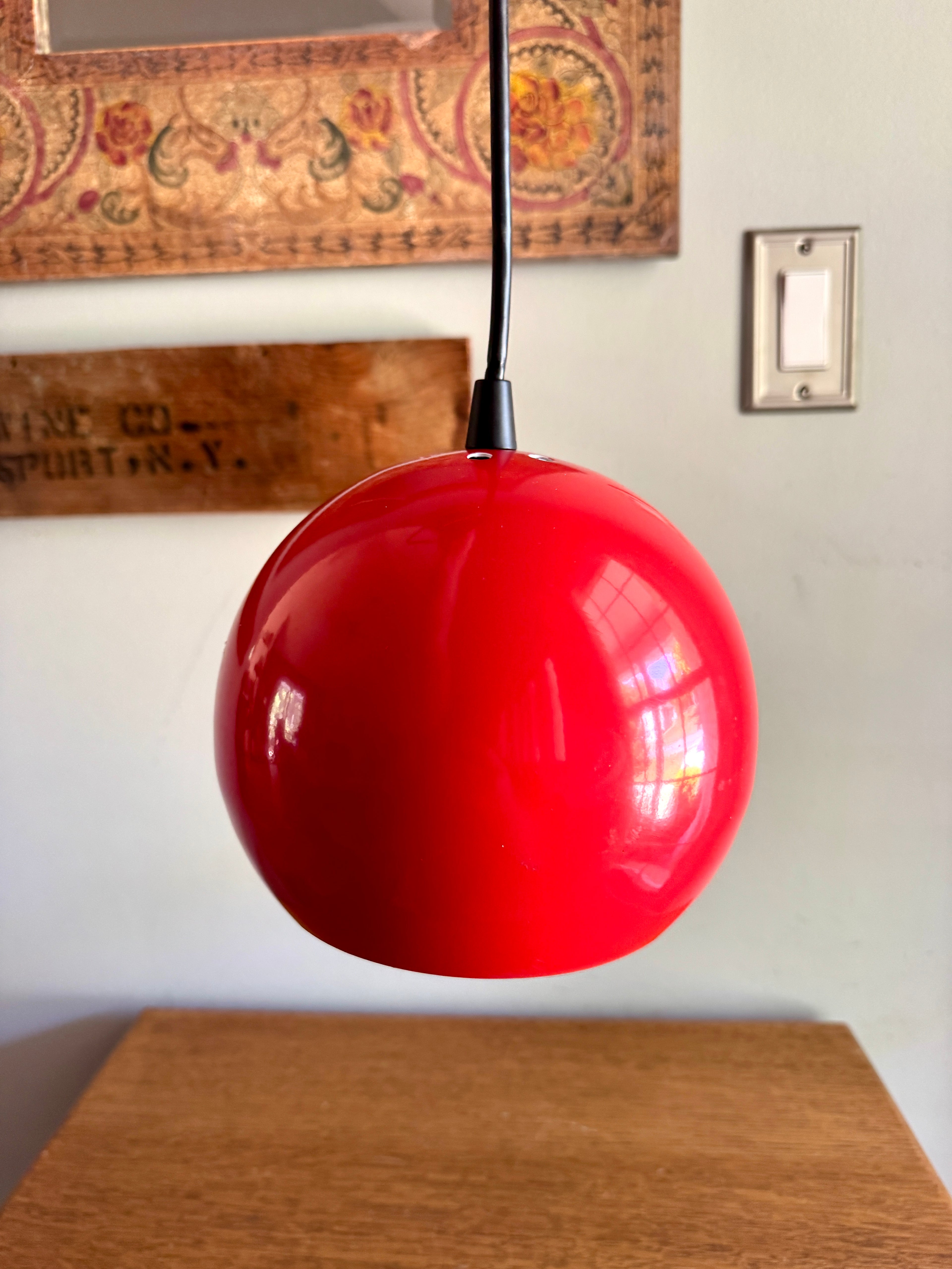 Vtg E.S. Horn Red Enamel Globe Pendant Lamp ~ MCM Pendant Lamp