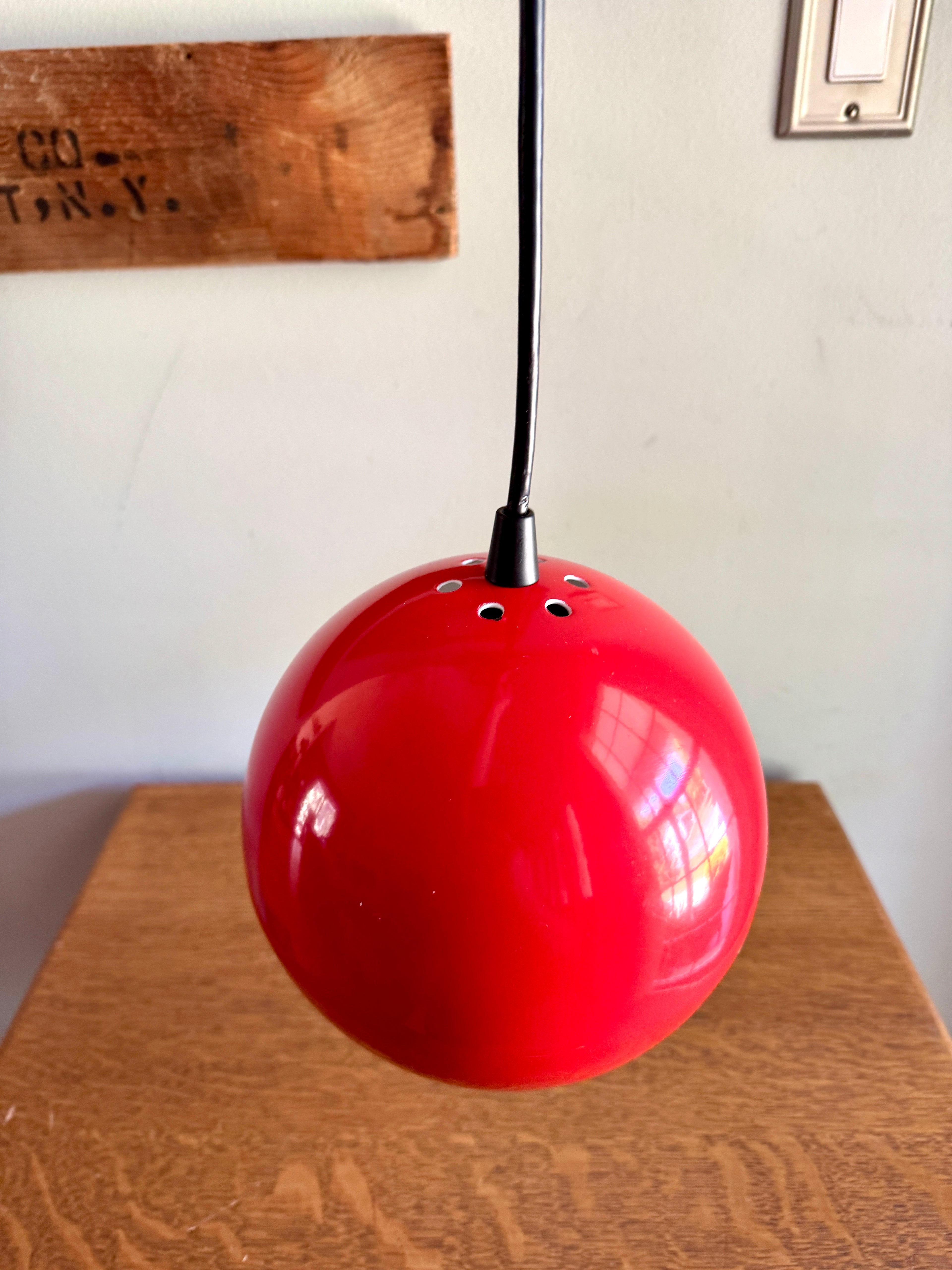 Vtg E.S. Horn Red Enamel Globe Pendant Lamp ~ MCM Pendant Lamp