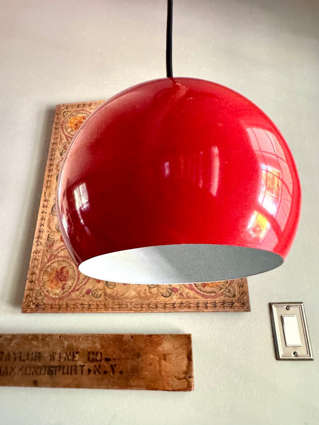 Vtg E.S. Horn Red Enamel Globe Pendant Lamp ~ MCM Pendant Lamp
