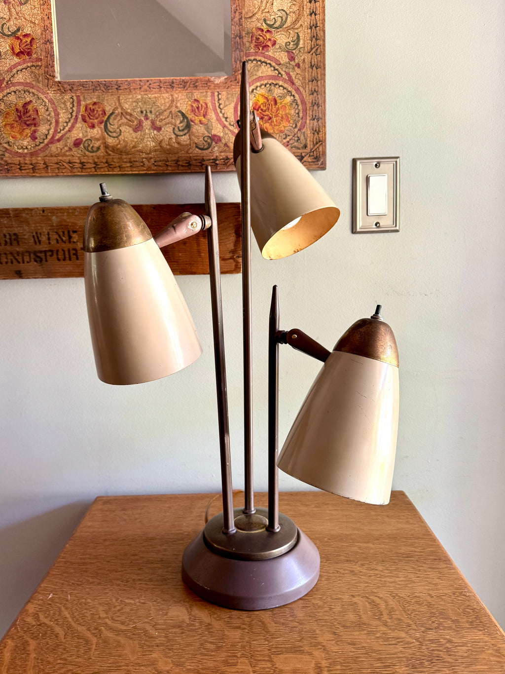 MCM "Triennale" Lamp Attributed to Gerald Thurston for Lightolier, Featuring Beige Bullet Shades and Brass Accents.