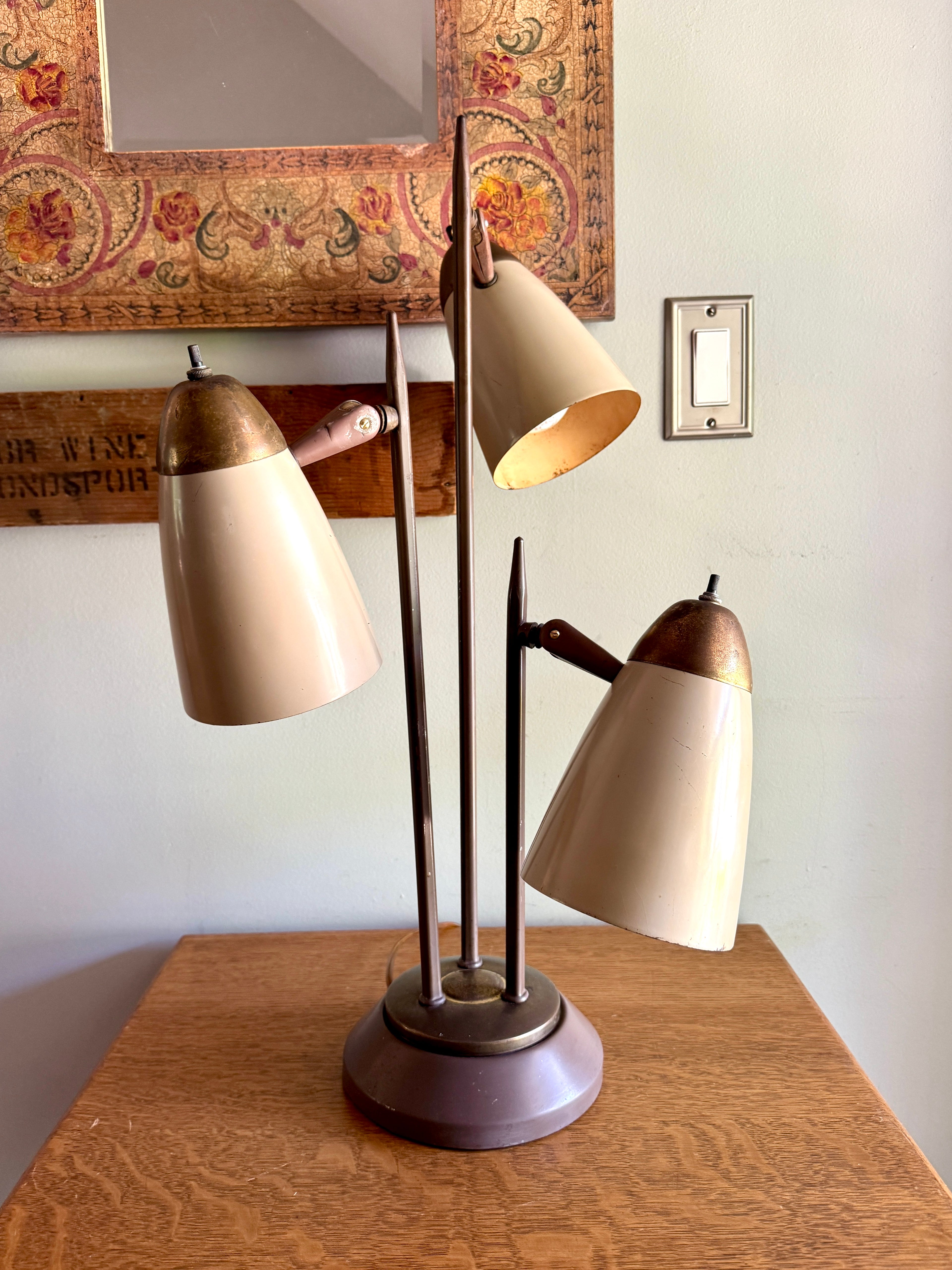 MCM "Triennale" Lamp Attributed to Gerald Thurston for Lightolier, Featuring Beige Bullet Shades and Brass Accents.