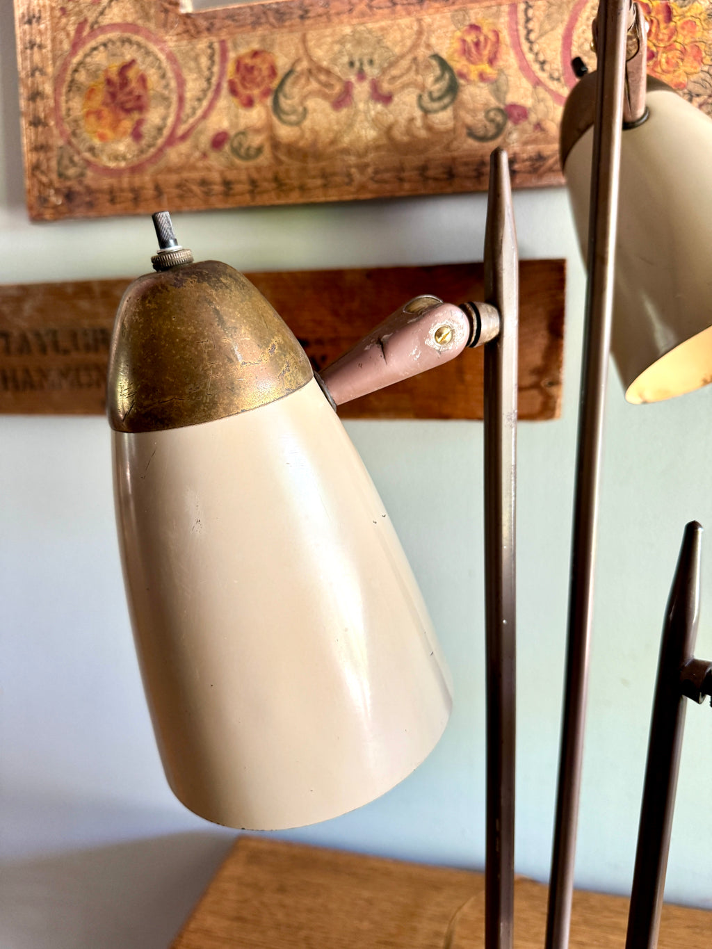 MCM "Triennale" Lamp Attributed to Gerald Thurston for Lightolier, Featuring Beige Bullet Shades and Brass Accents.
