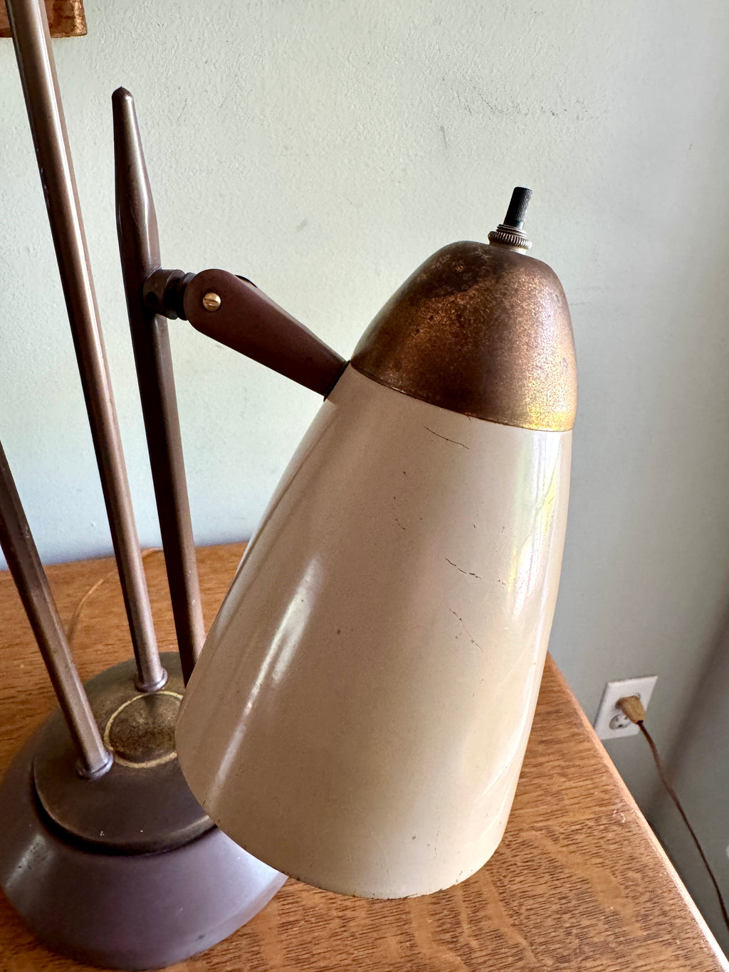 MCM "Triennale" Lamp Attributed to Gerald Thurston for Lightolier, Featuring Beige Bullet Shades and Brass Accents.