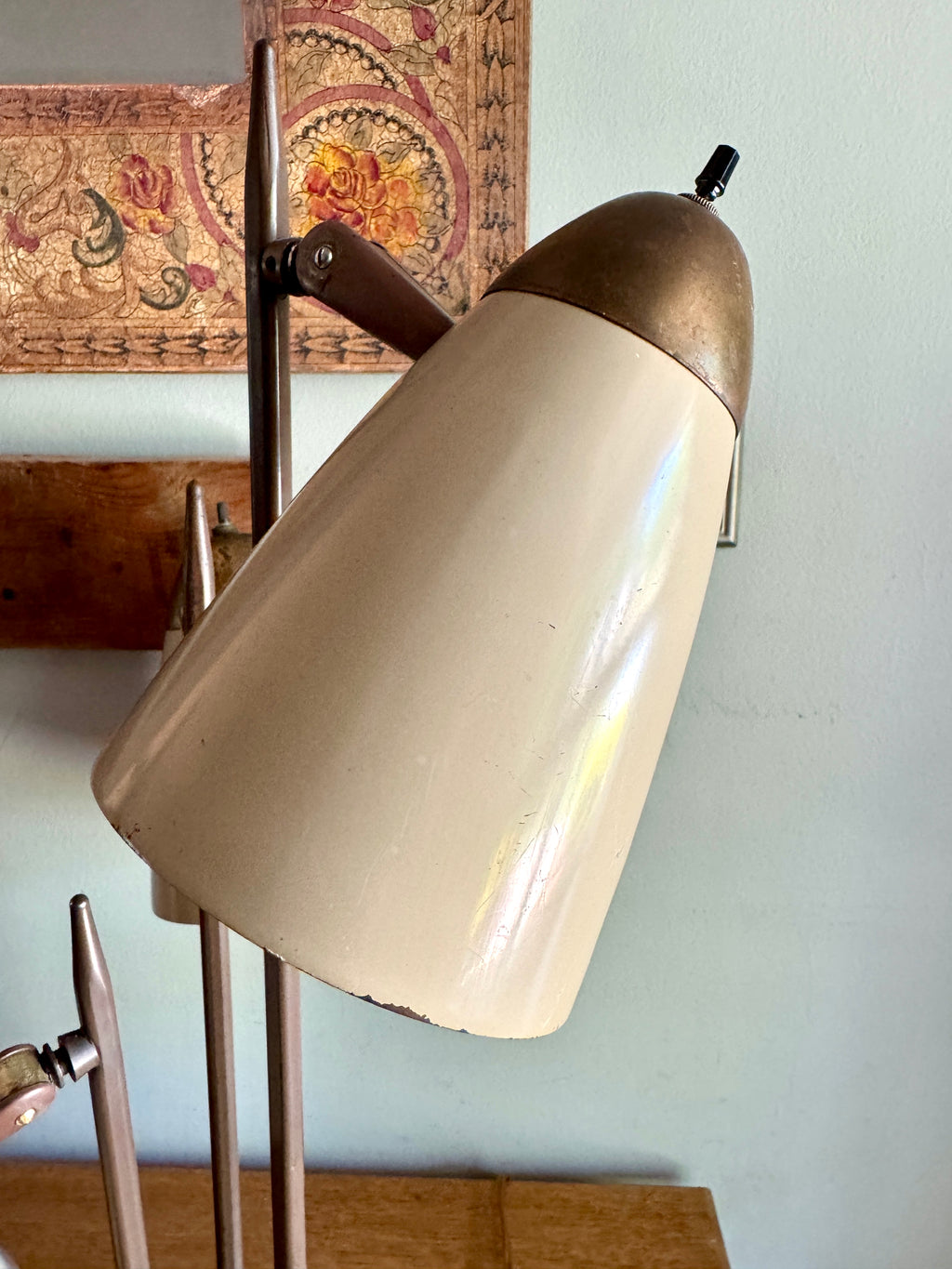 MCM "Triennale" Lamp Attributed to Gerald Thurston for Lightolier, Featuring Beige Bullet Shades and Brass Accents.