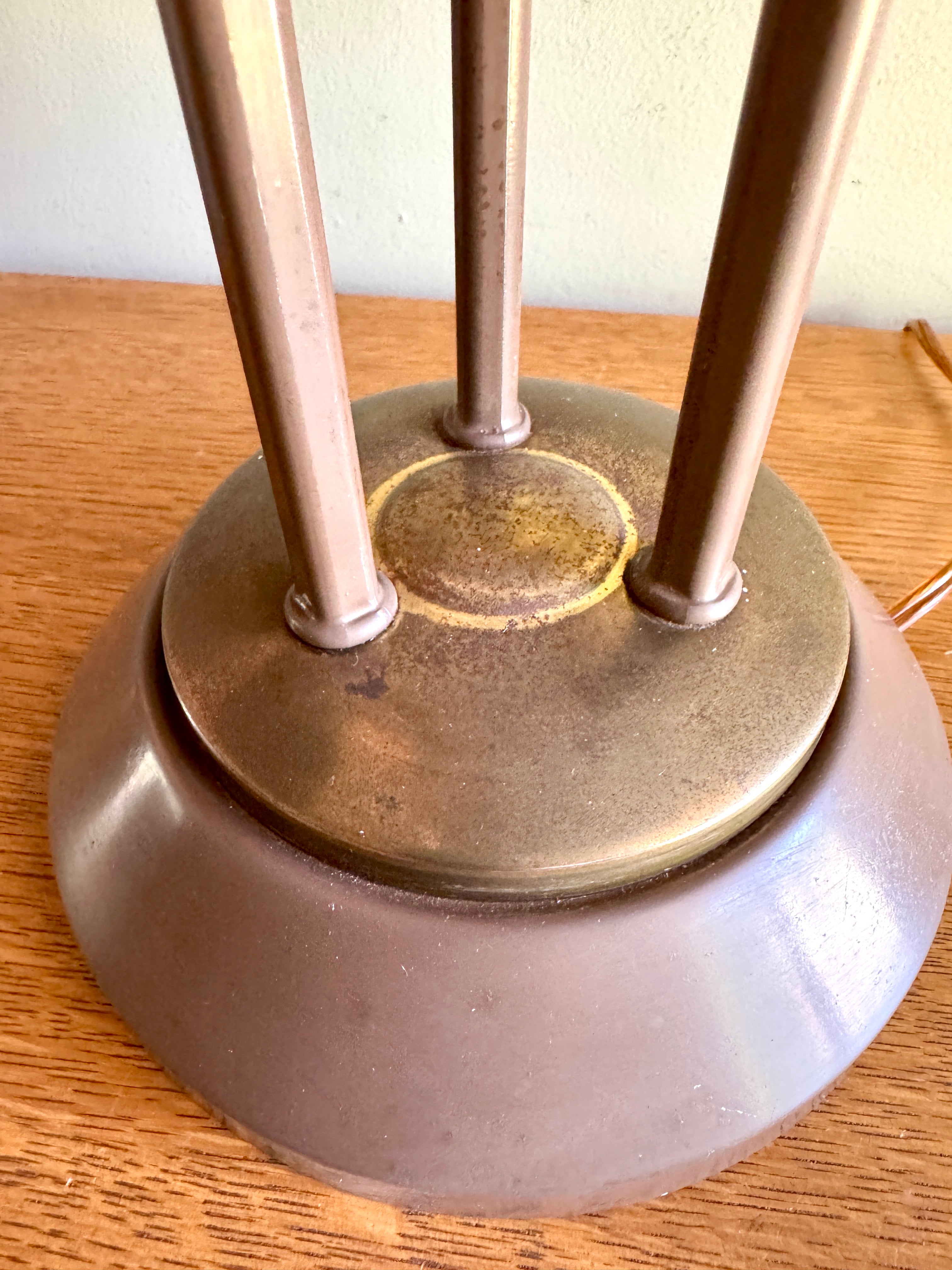 MCM "Triennale" Lamp Attributed to Gerald Thurston for Lightolier, Featuring Beige Bullet Shades and Brass Accents.