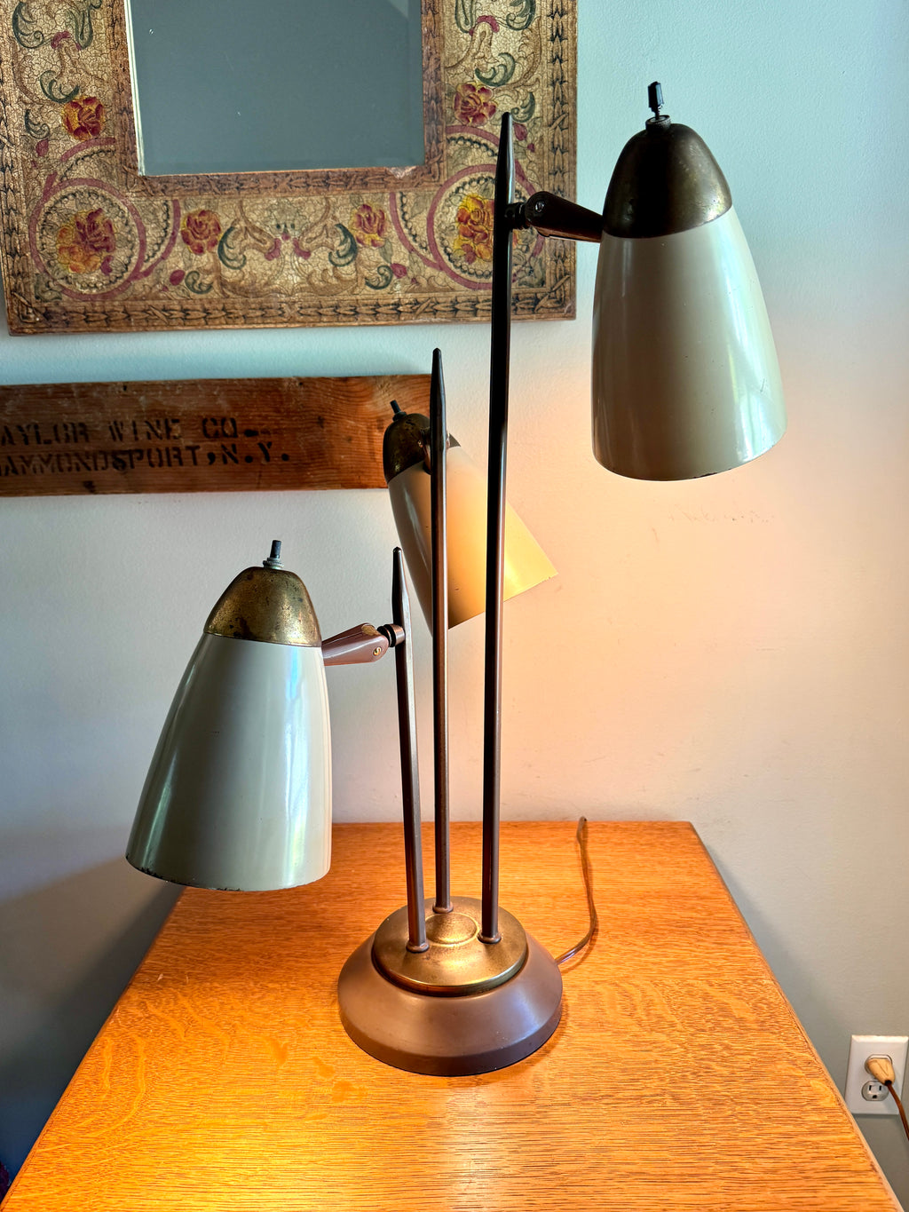 MCM "Triennale" Lamp Attributed to Gerald Thurston for Lightolier, Featuring Beige Bullet Shades and Brass Accents.