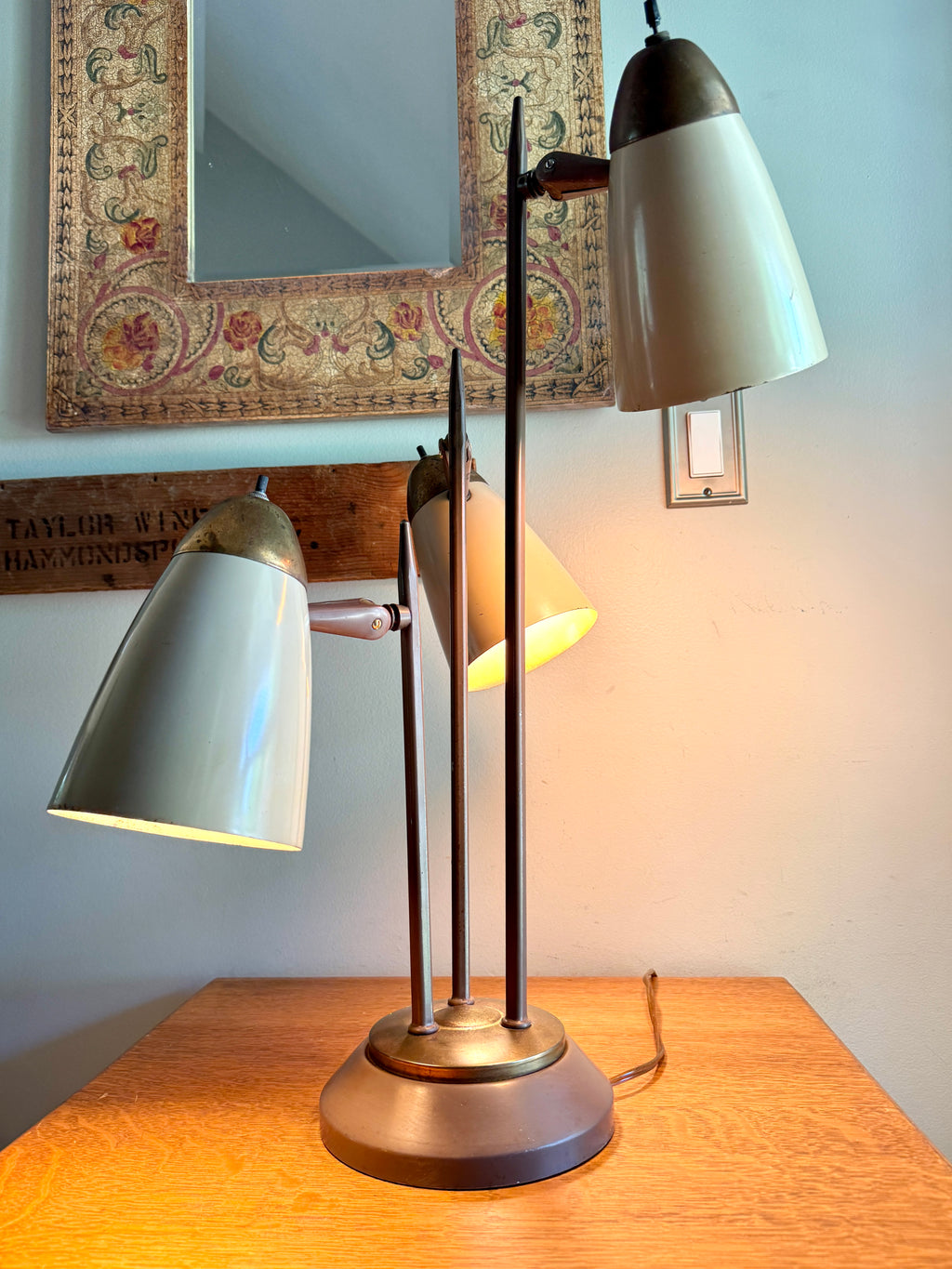 MCM "Triennale" Lamp Attributed to Gerald Thurston for Lightolier, Featuring Beige Bullet Shades and Brass Accents.