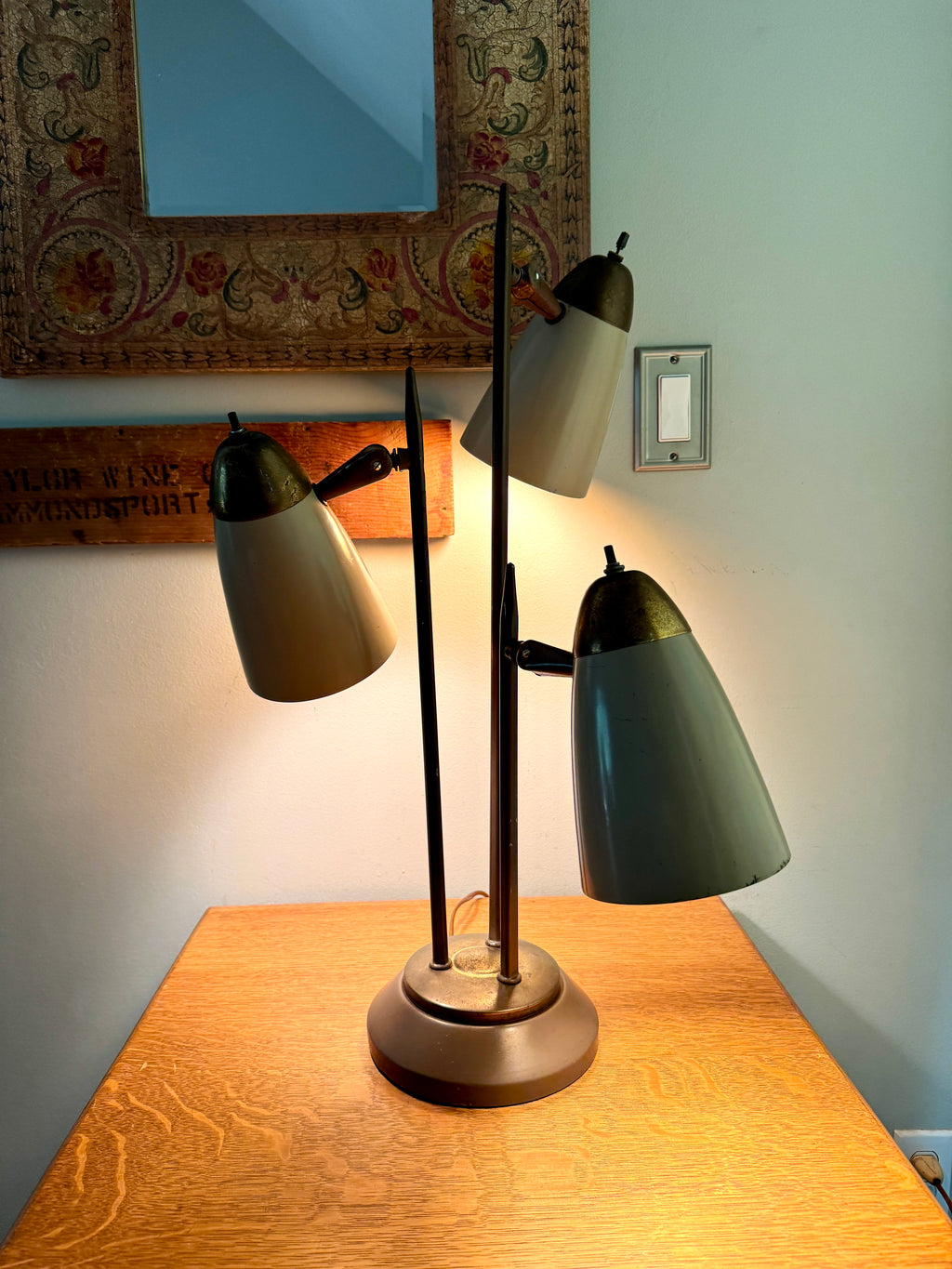 MCM "Triennale" Lamp Attributed to Gerald Thurston for Lightolier, Featuring Beige Bullet Shades and Brass Accents.