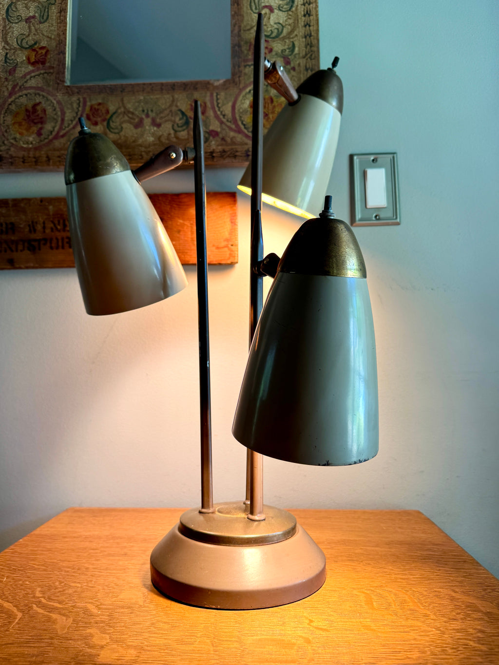 MCM "Triennale" Lamp Attributed to Gerald Thurston for Lightolier, Featuring Beige Bullet Shades and Brass Accents.