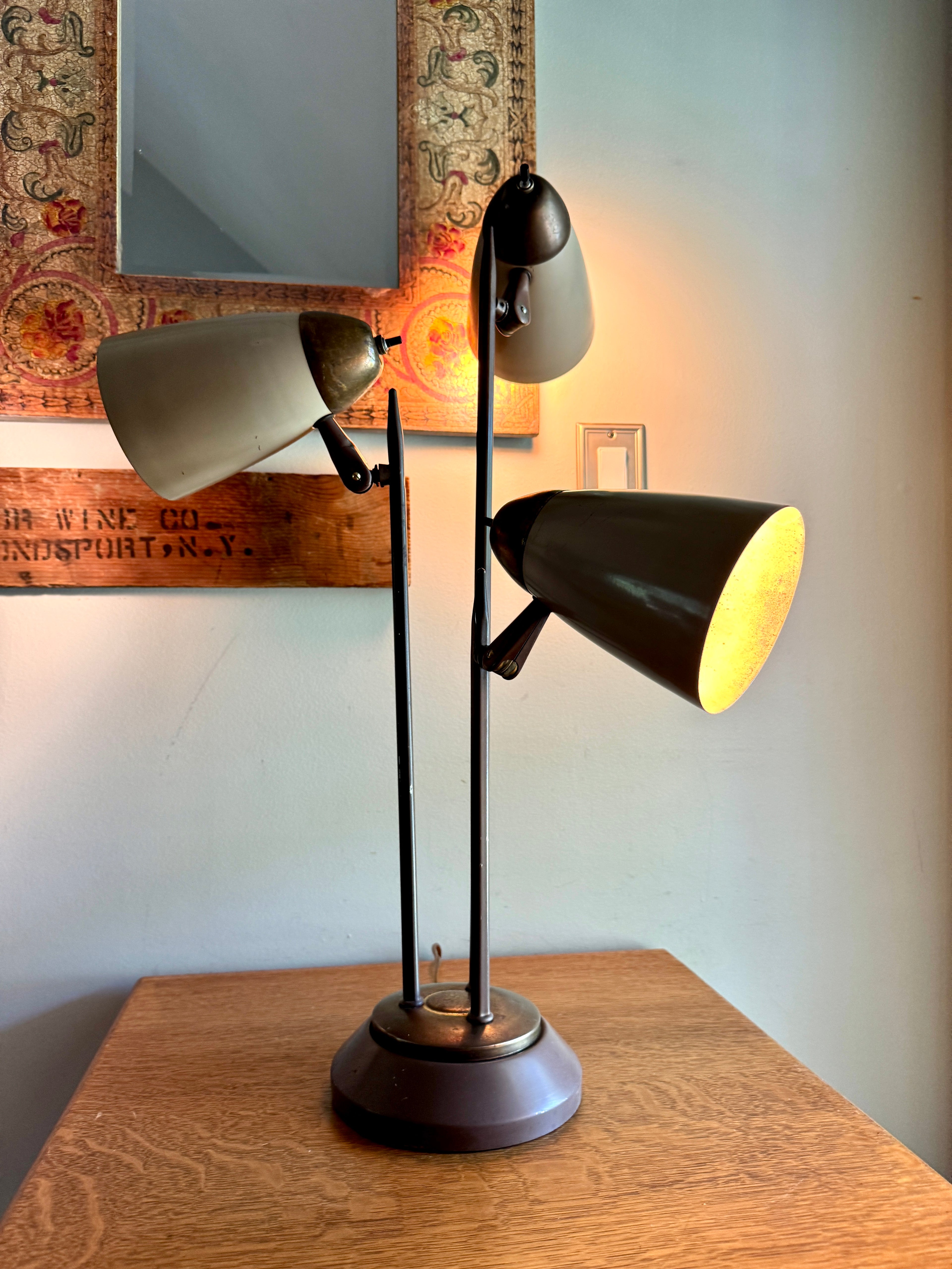 MCM "Triennale" Lamp Attributed to Gerald Thurston for Lightolier, Featuring Beige Bullet Shades and Brass Accents.