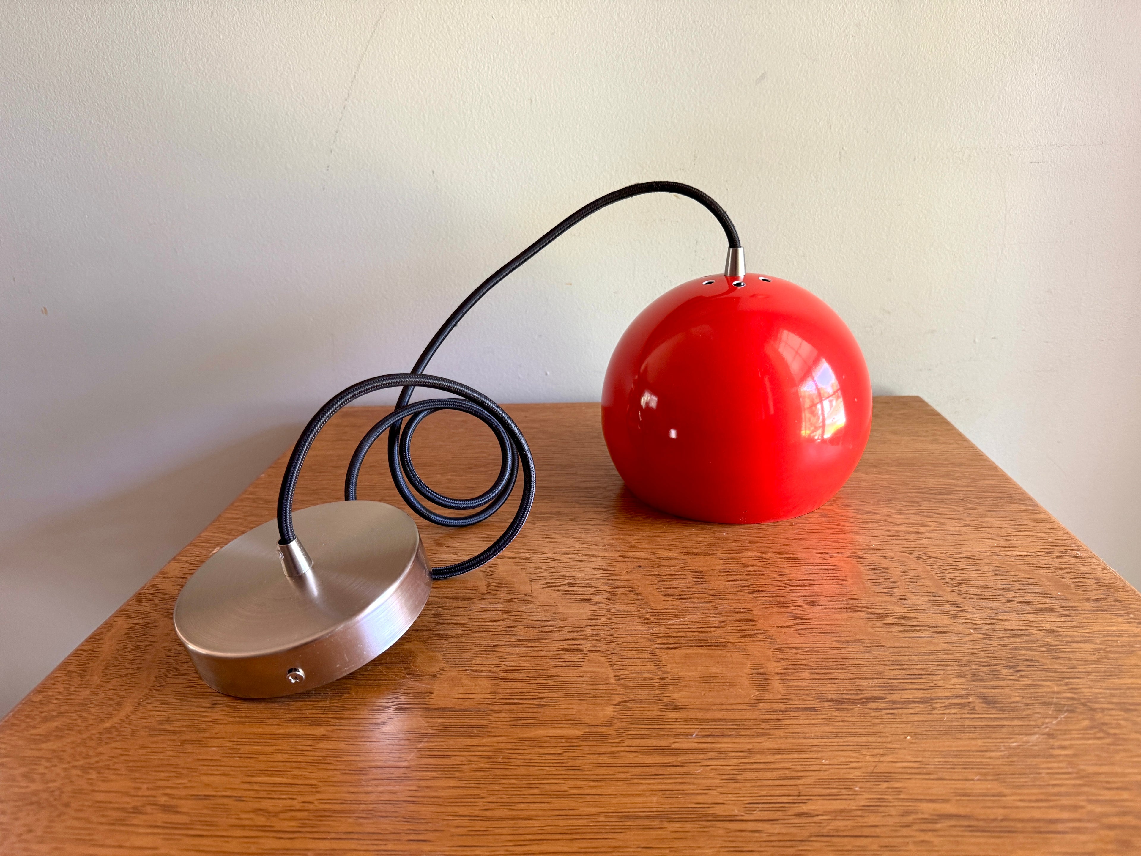 Vtg E.S. Horn Red Enamel Globe Pendant Lamp ~ MCM Pendant Lamp