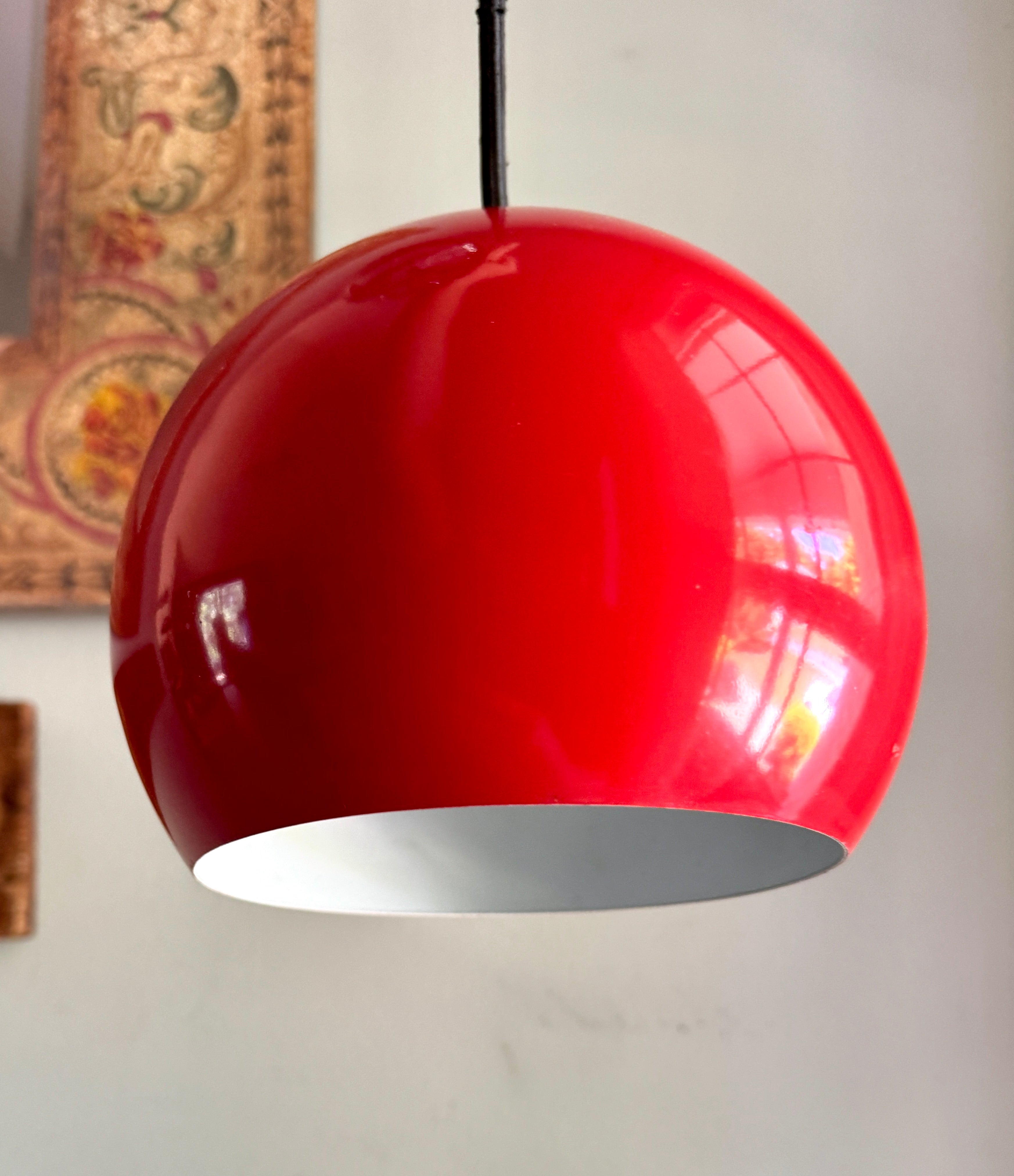 Vtg E.S. Horn Red Enamel Globe Pendant Lamp ~ MCM Pendant Lamp